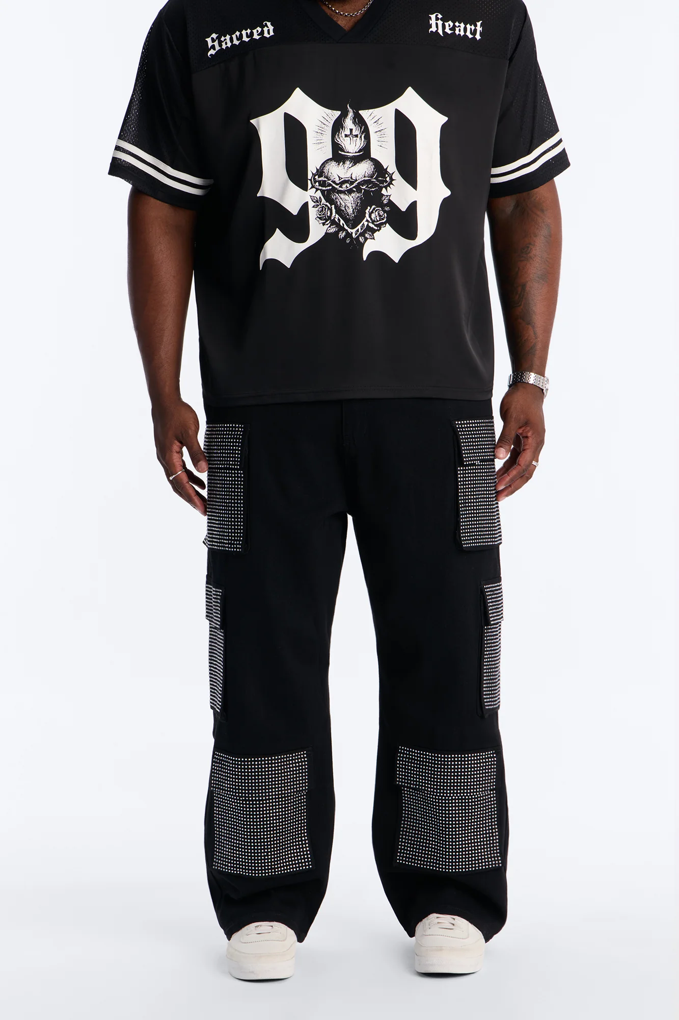 Baggy Rhinestone Combat Cargo Jean - Black Wash - Image 6