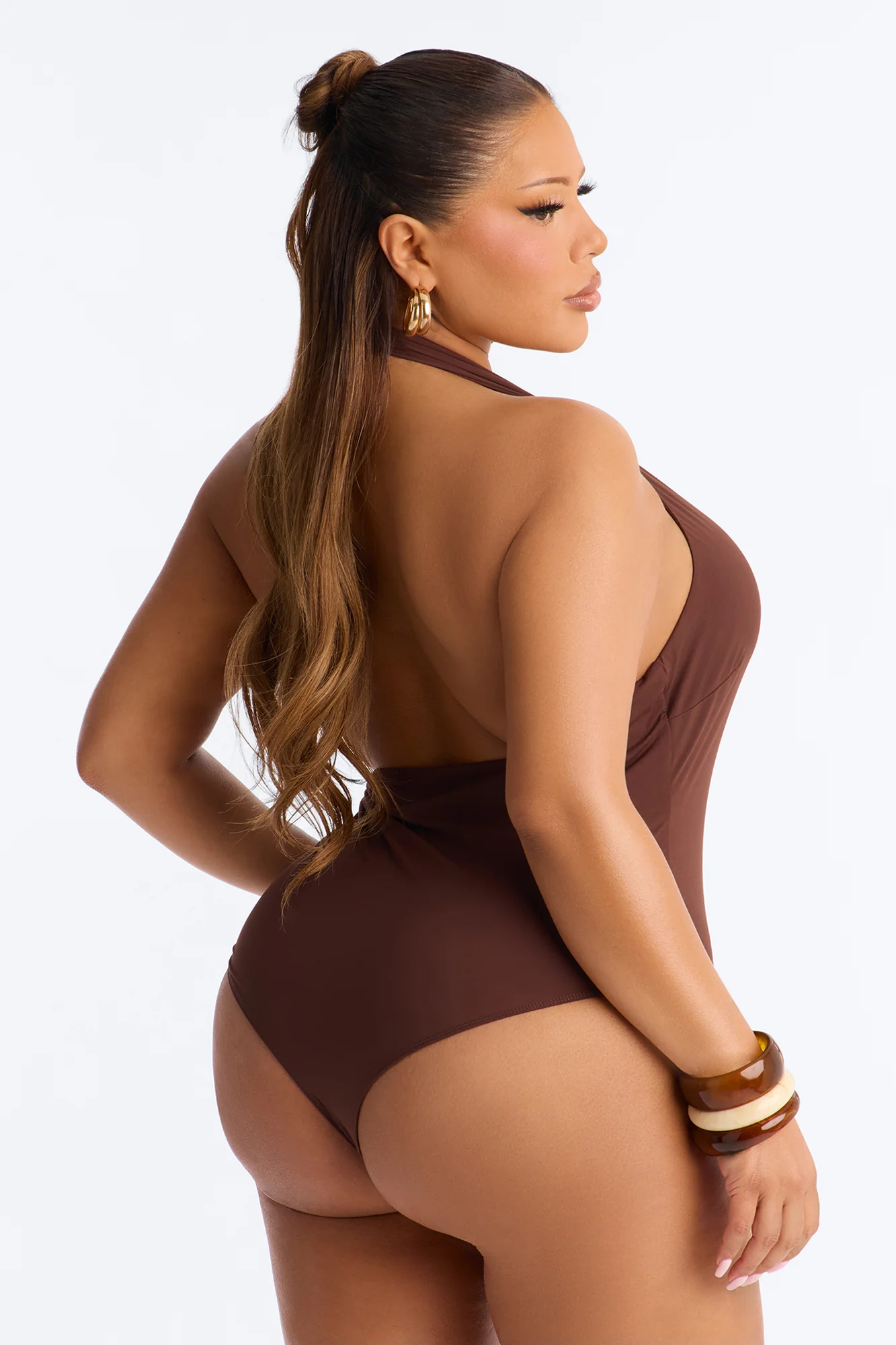 Bahamas Queen Beaded Deep V-Neck Halter Bodysuit - Chocolate - Image 10