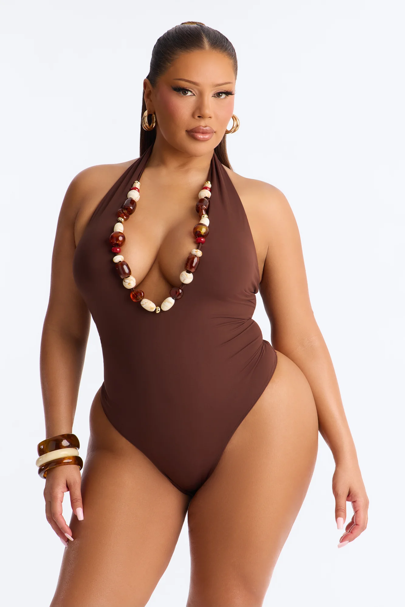 Bahamas Queen Beaded Deep V-Neck Halter Bodysuit - Chocolate - Image 6