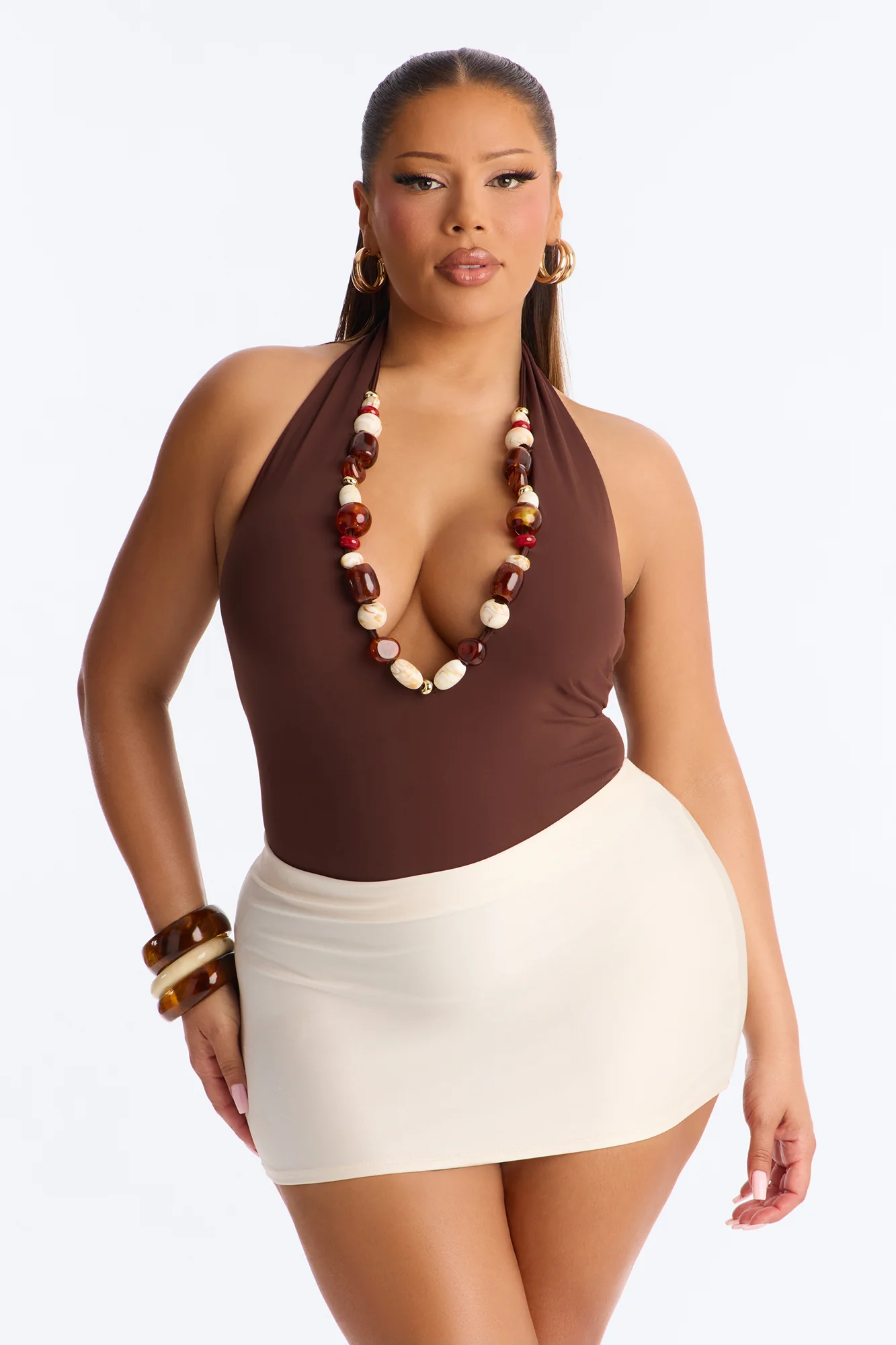 Bahamas Queen Beaded Deep V-Neck Halter Bodysuit - Chocolate - Image 9