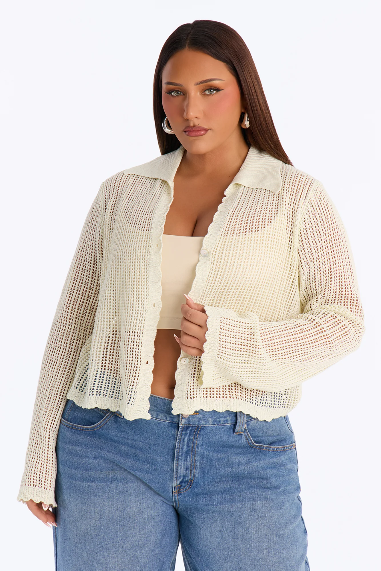 Bailey Crochet Long Sleeve Cropped Cardigan - Natural - Image 6