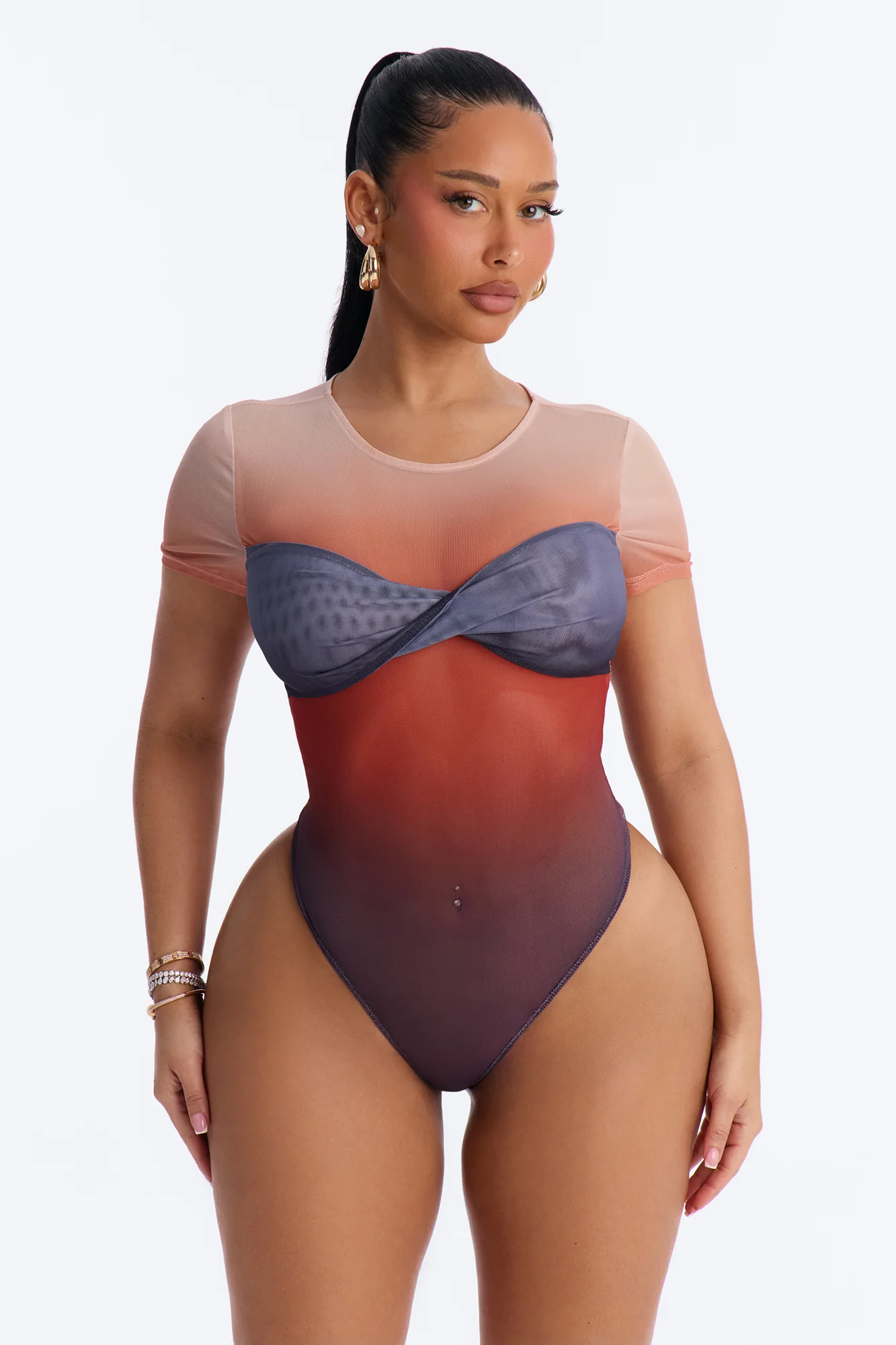 Barbados Sunset Ombre Mesh Short Sleeve Bodysuit - Multi Color