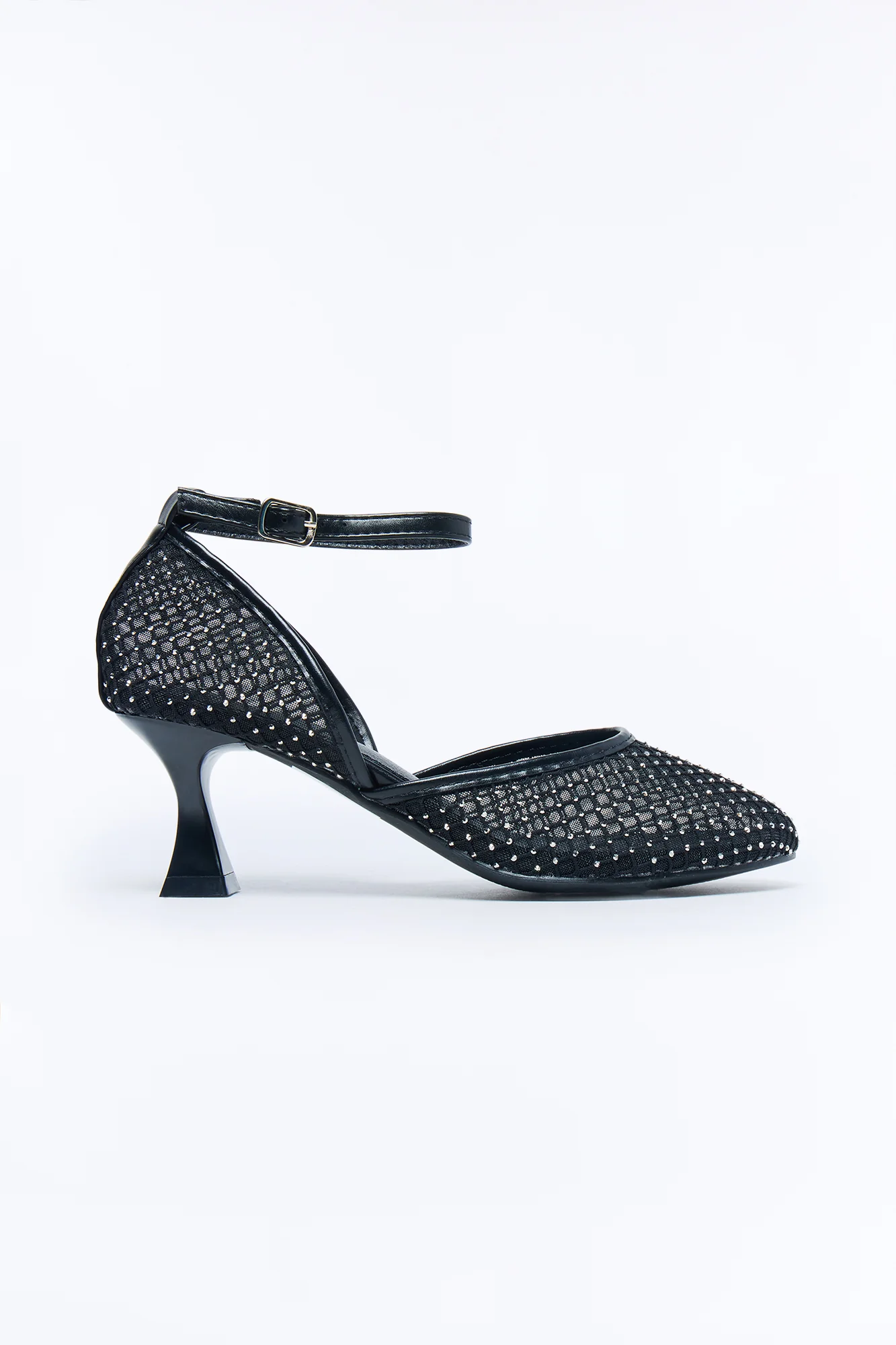 Barela Rhinestone Mesh Kitten Heel Pumps - Black - Image 2