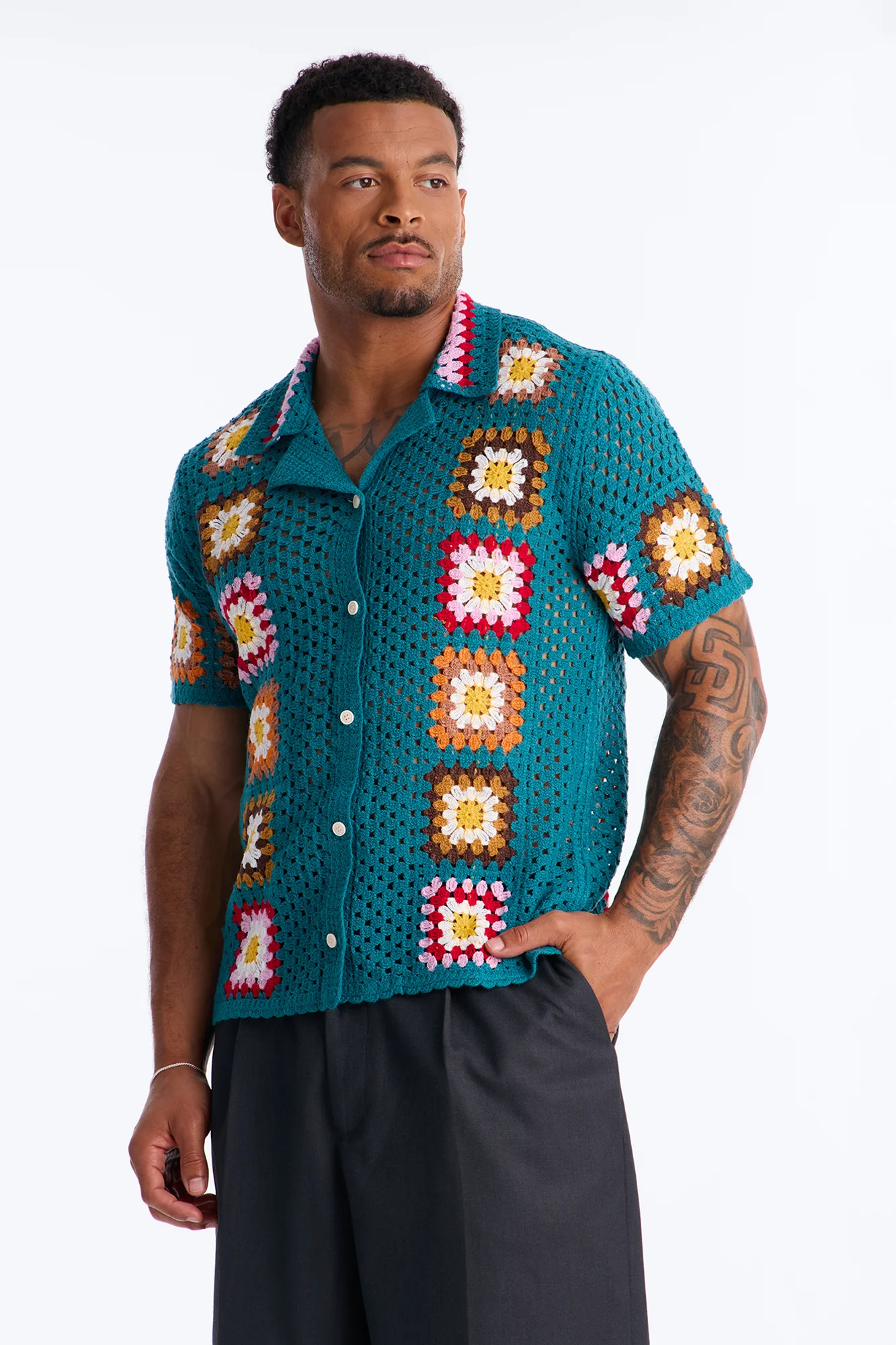Bass Bloom Crochet Button Up Shirt - Green