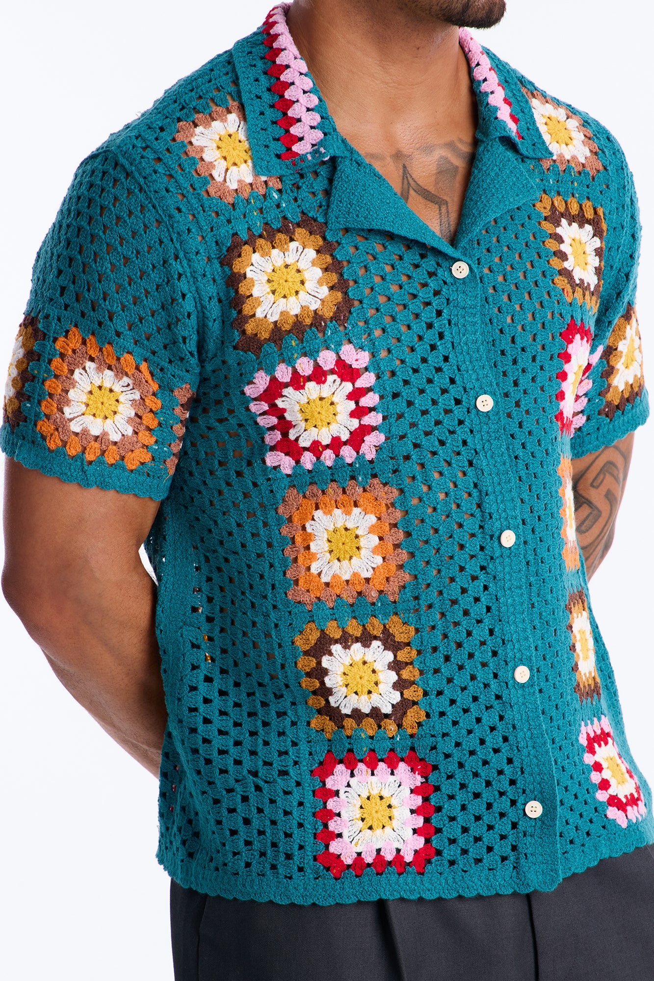 Bass Bloom Crochet Button Up Shirt - Green - Image 3