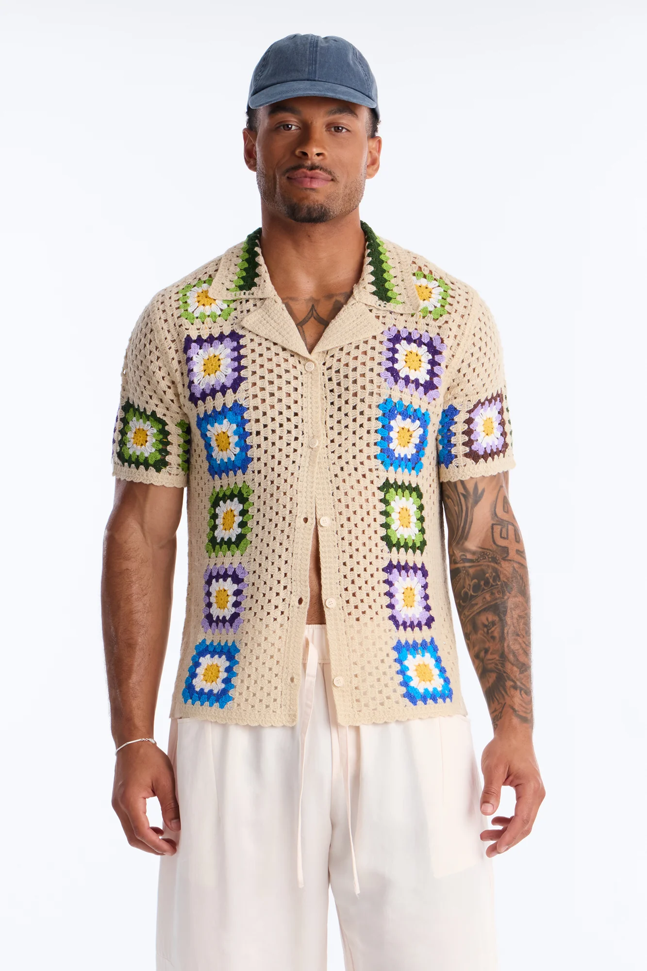 Bass Bloom Crochet Button Up Shirt - Tan