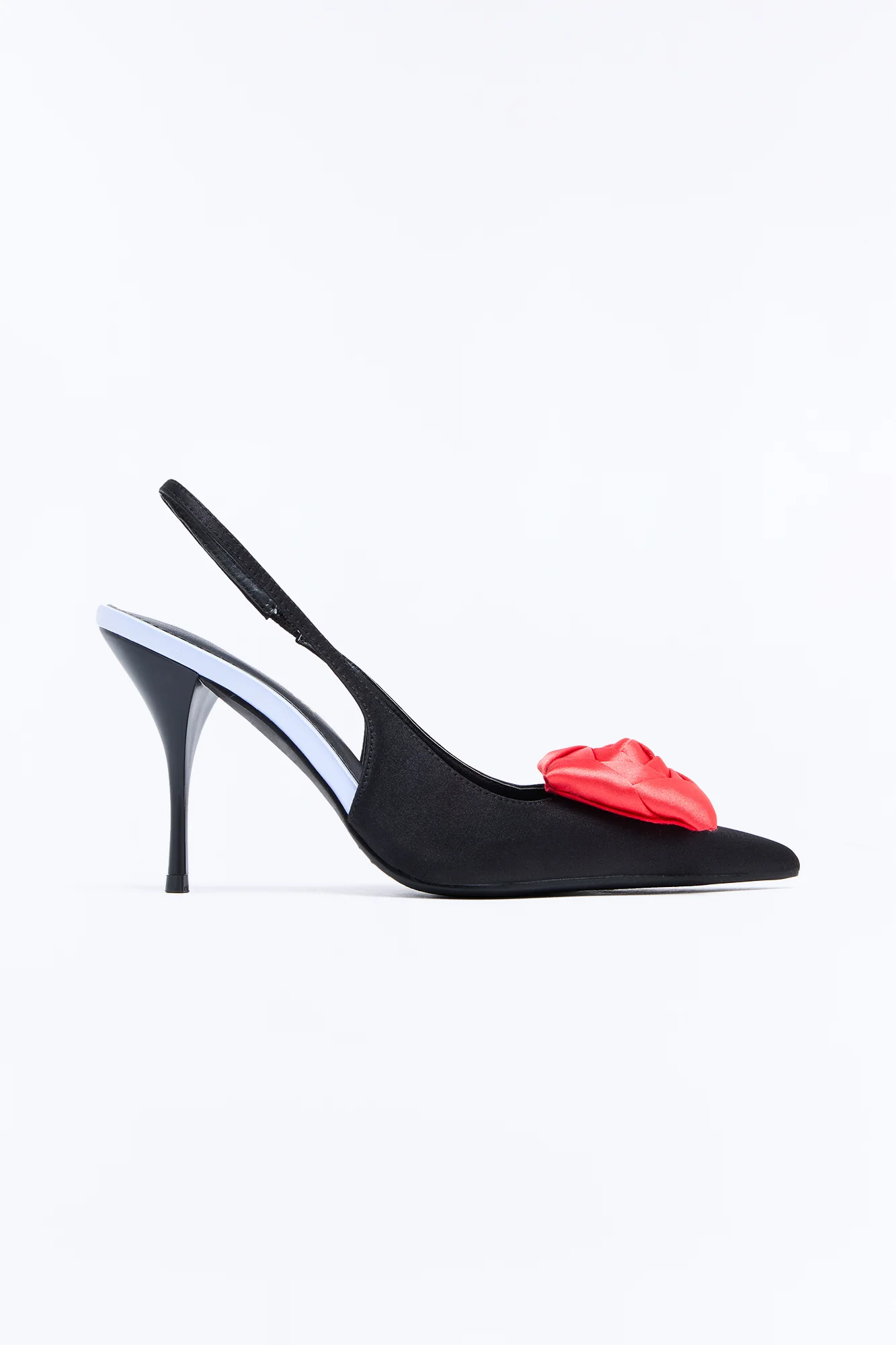 Be Bold Satin Flower Slingback Pumps - Black/Red - Image 3