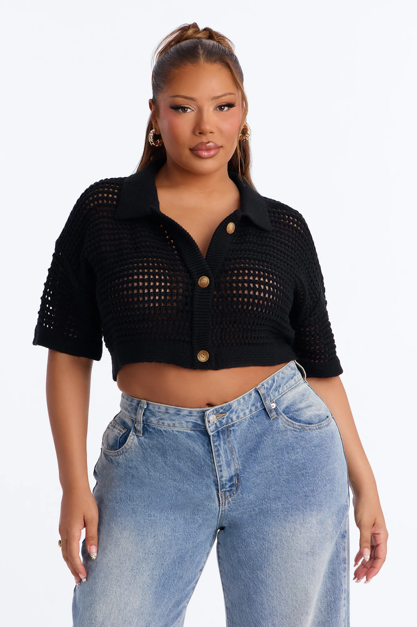 Beach Vibe Crochet Sweater Top - Black - Image 2