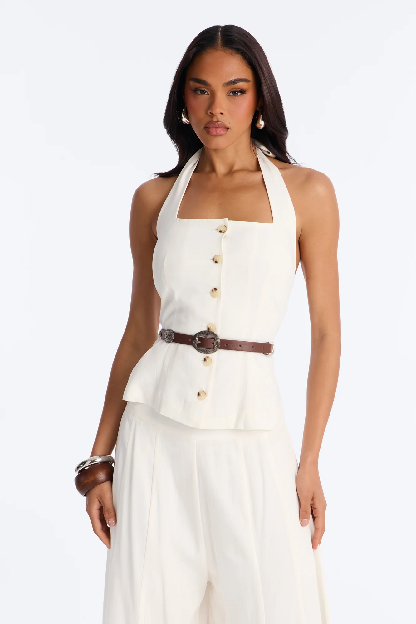 Beatrice Belted Halter Pant Set - White - Image 2