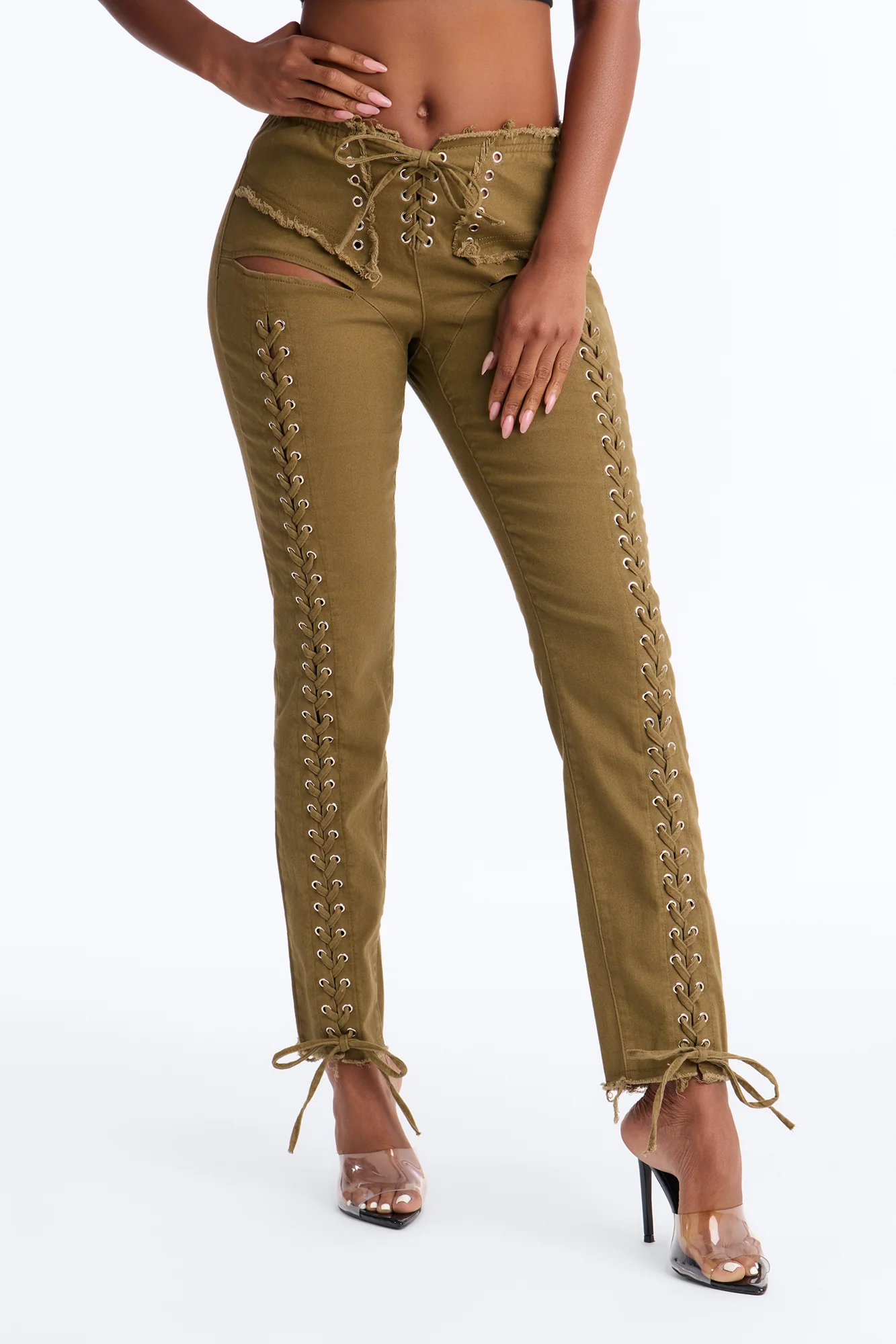 Beca Low Rise Skinny Lace Up Pant - Olive