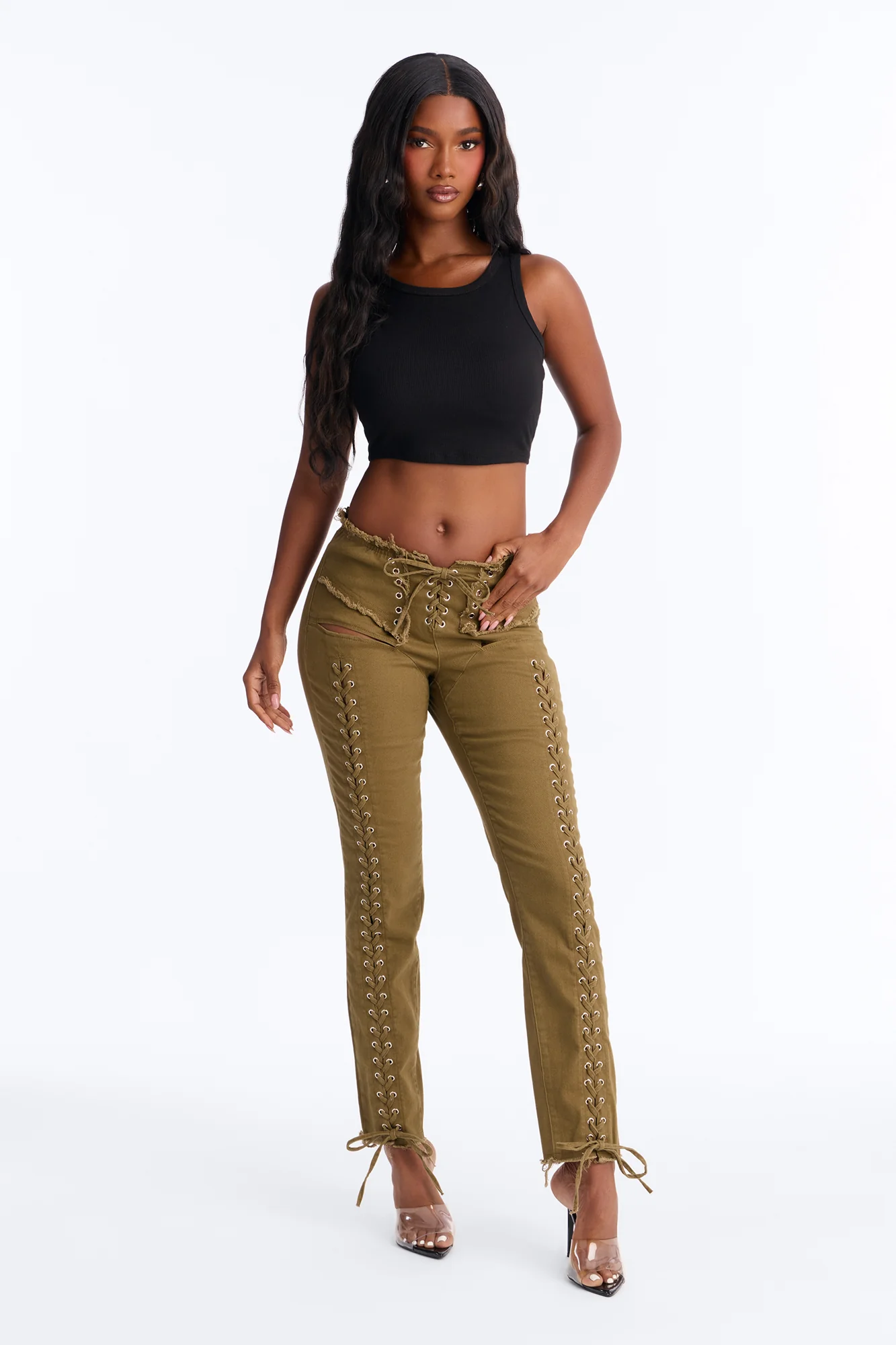 Beca Low Rise Skinny Lace Up Pant - Olive - Image 2