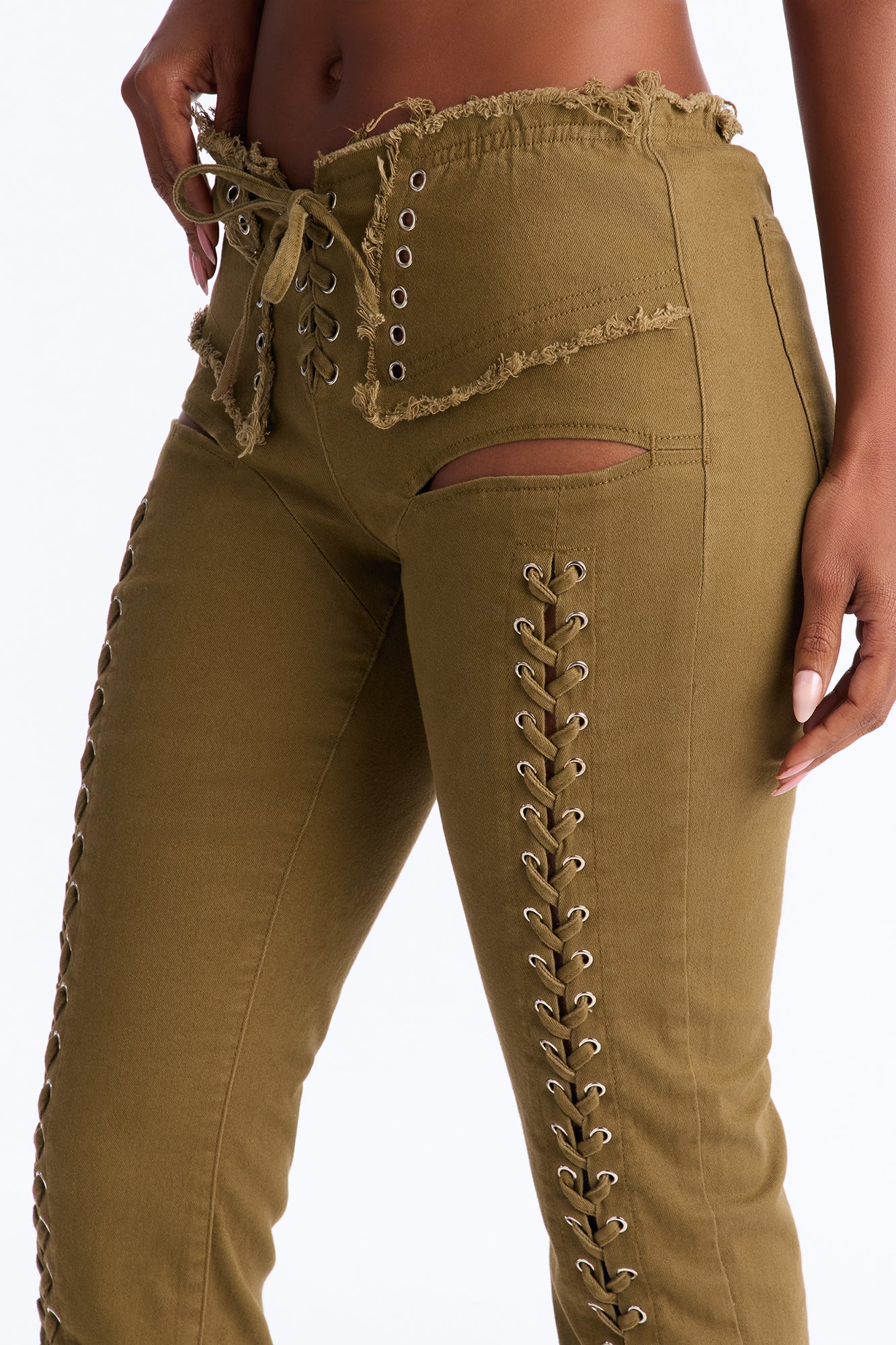Beca Low Rise Skinny Lace Up Pant - Olive - Image 3