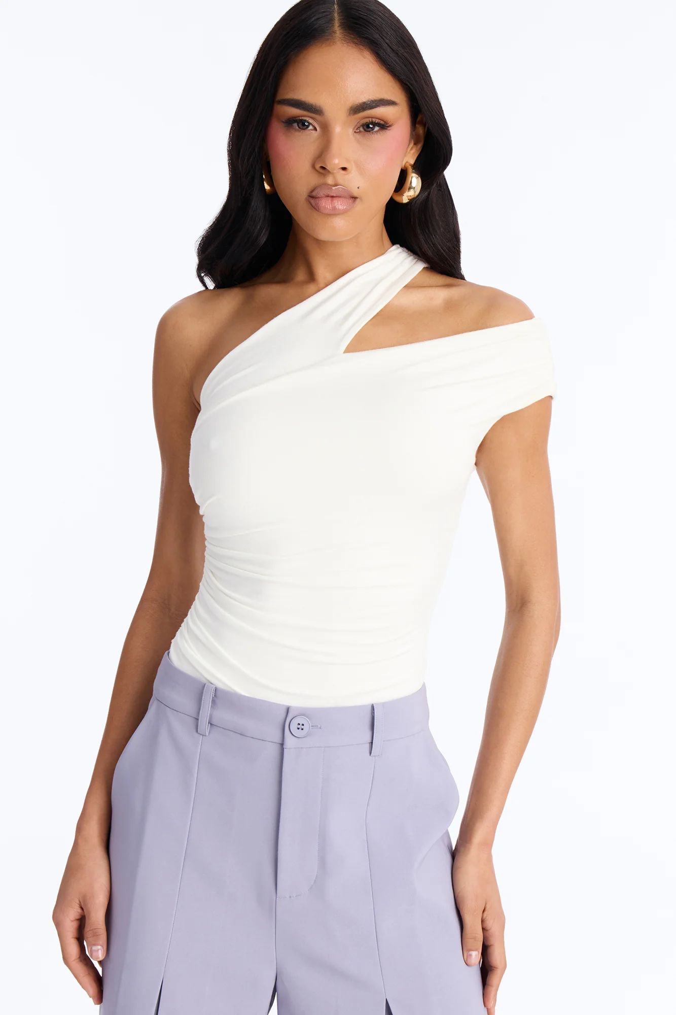 Been Here Before Ruched One Shoulder Bodysuit - White - Image 3