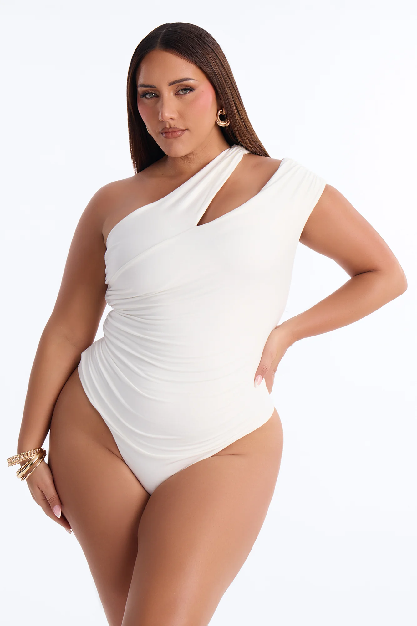 Been Here Before Ruched One Shoulder Bodysuit - White - Image 5