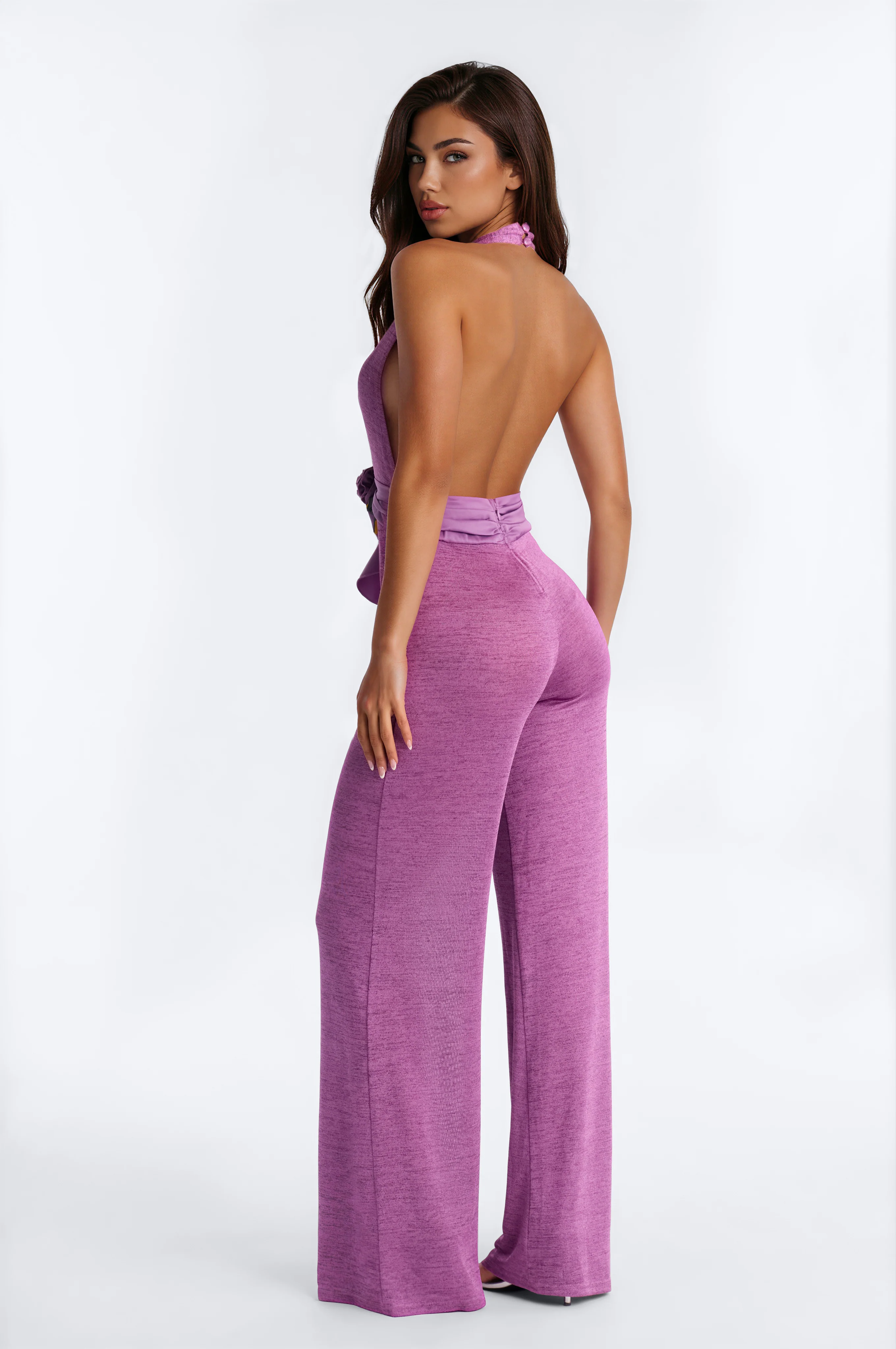 Bella Plunge Neck Backless Ruffle Jumpsuit - Purple - Image 4