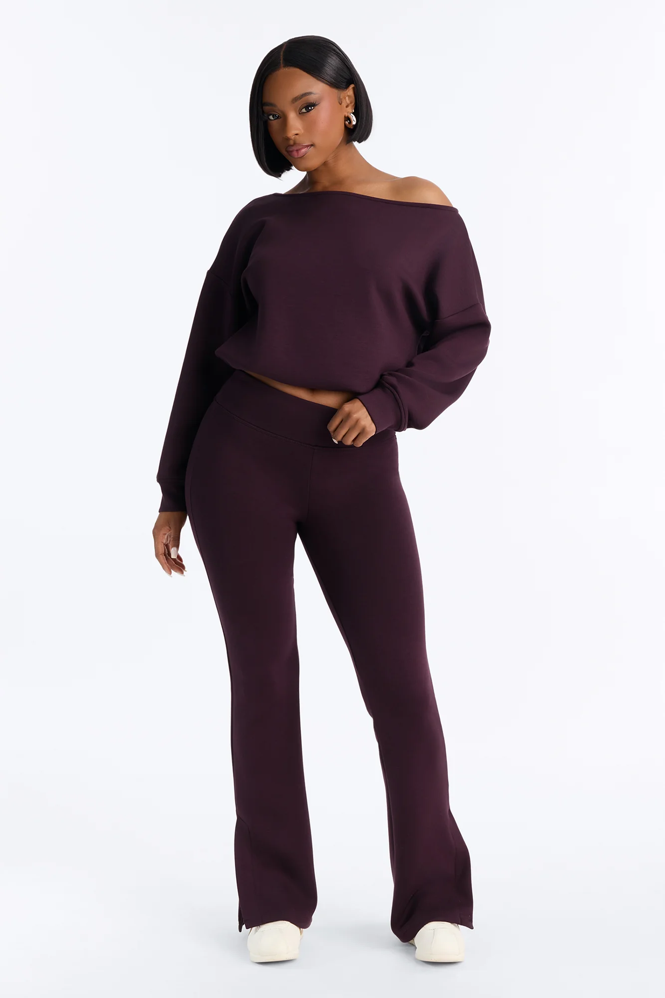 Bella Scuba Lounge Off Shoulder Sweatshirt - Burgundy