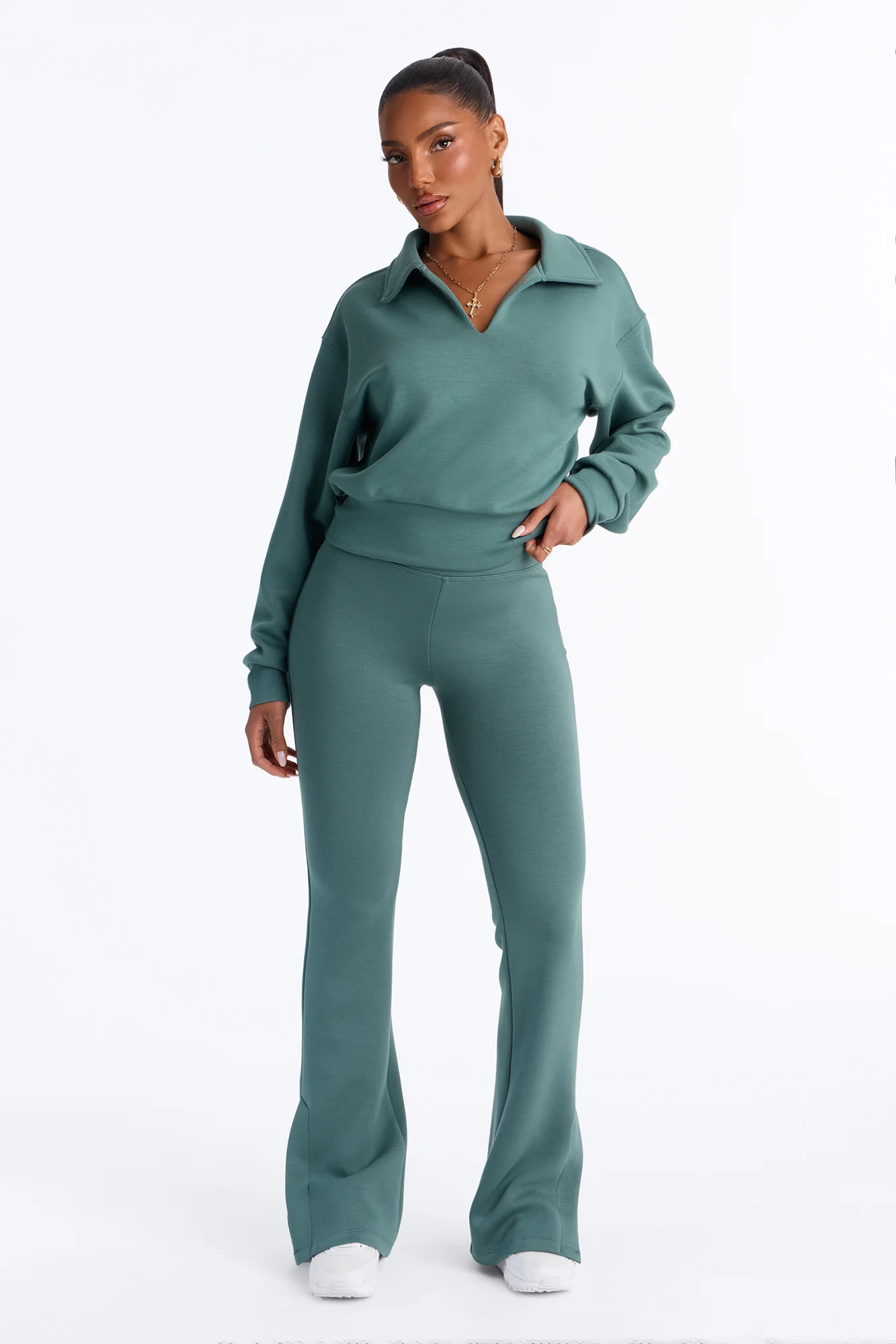 Bella Scuba Slit Lounge Flare Pant - Teal - Image 2