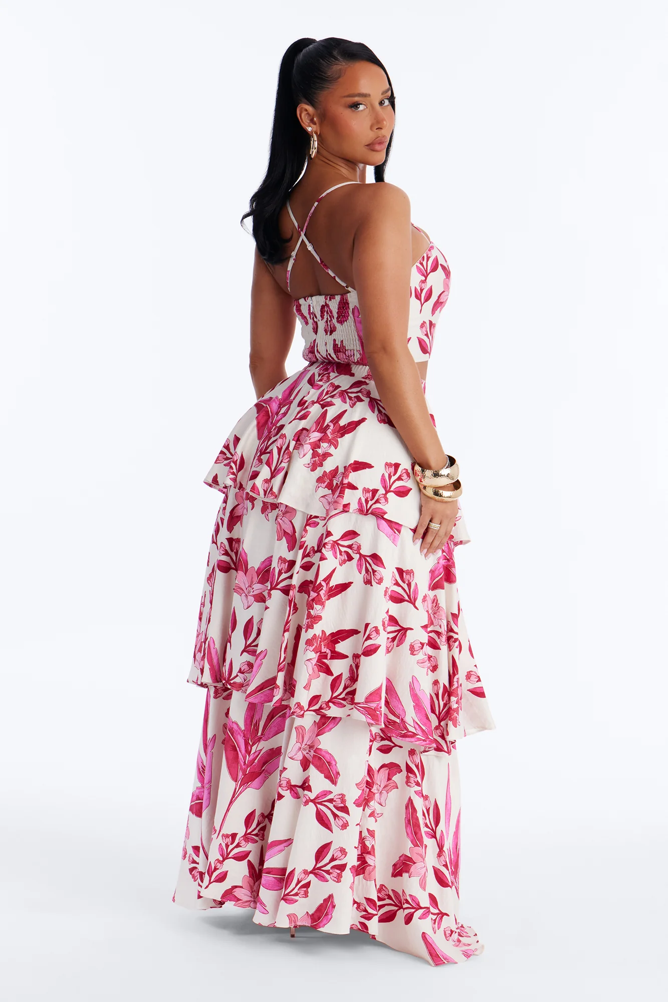 Bellarosa Linen Floral Layered Maxi Skirt Set - Fuchsia - Image 4