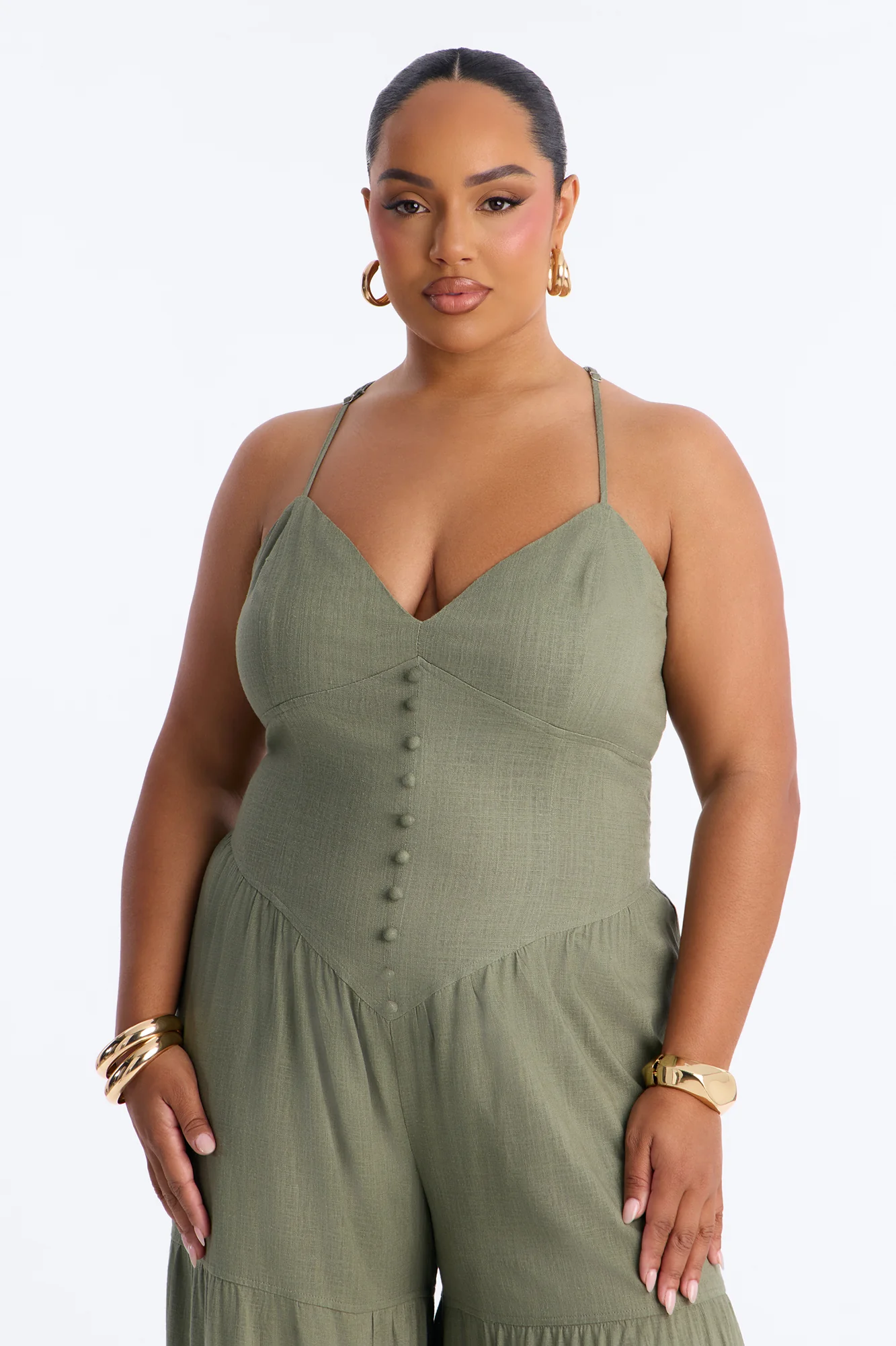 Belle Denim Tiered Wide Leg Jumpsuit - Olive - Image 6