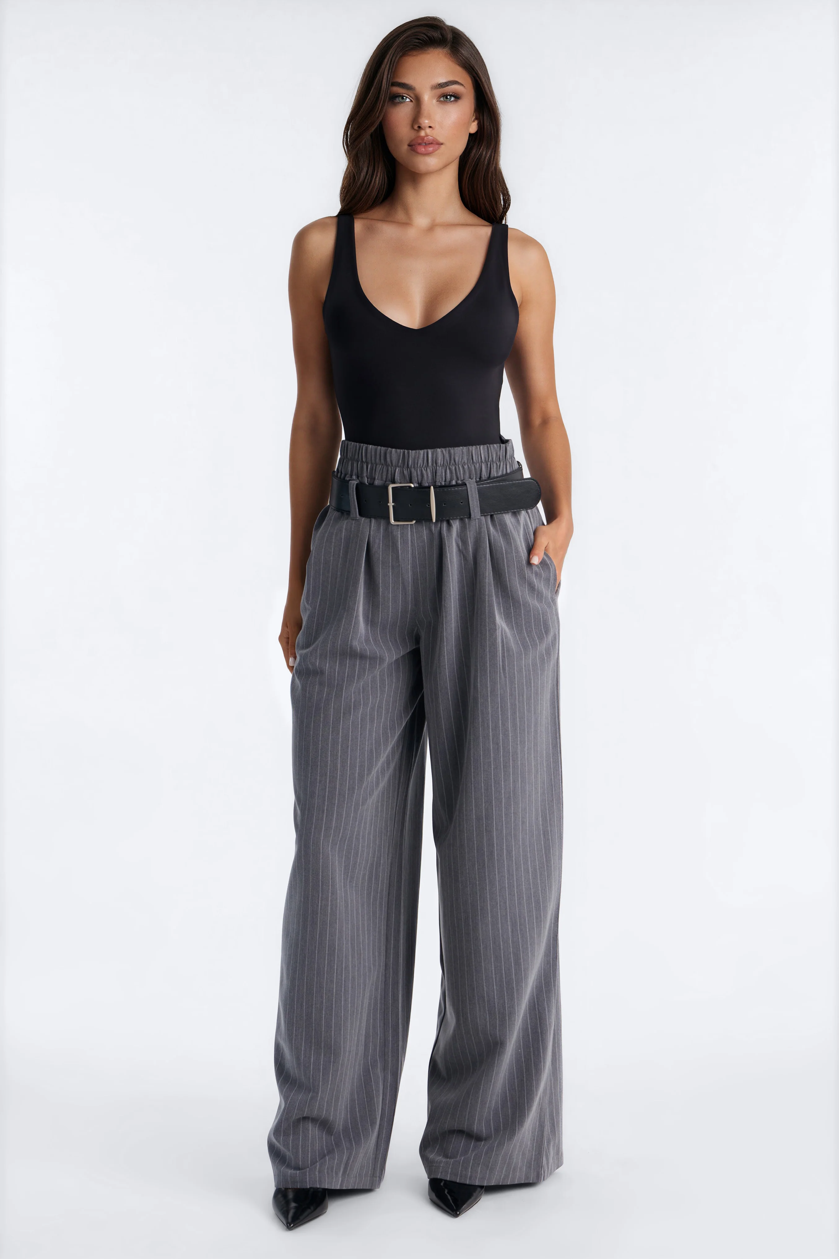 Bethany Drop Waist Belted Wide Leg Trouser - Grey