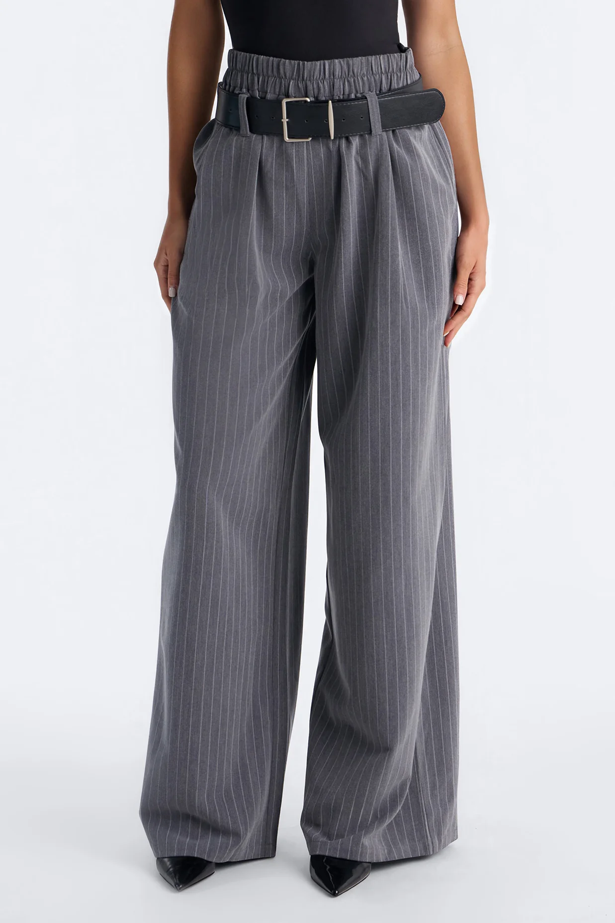 Bethany Drop Waist Belted Wide Leg Trouser - Grey - Image 2