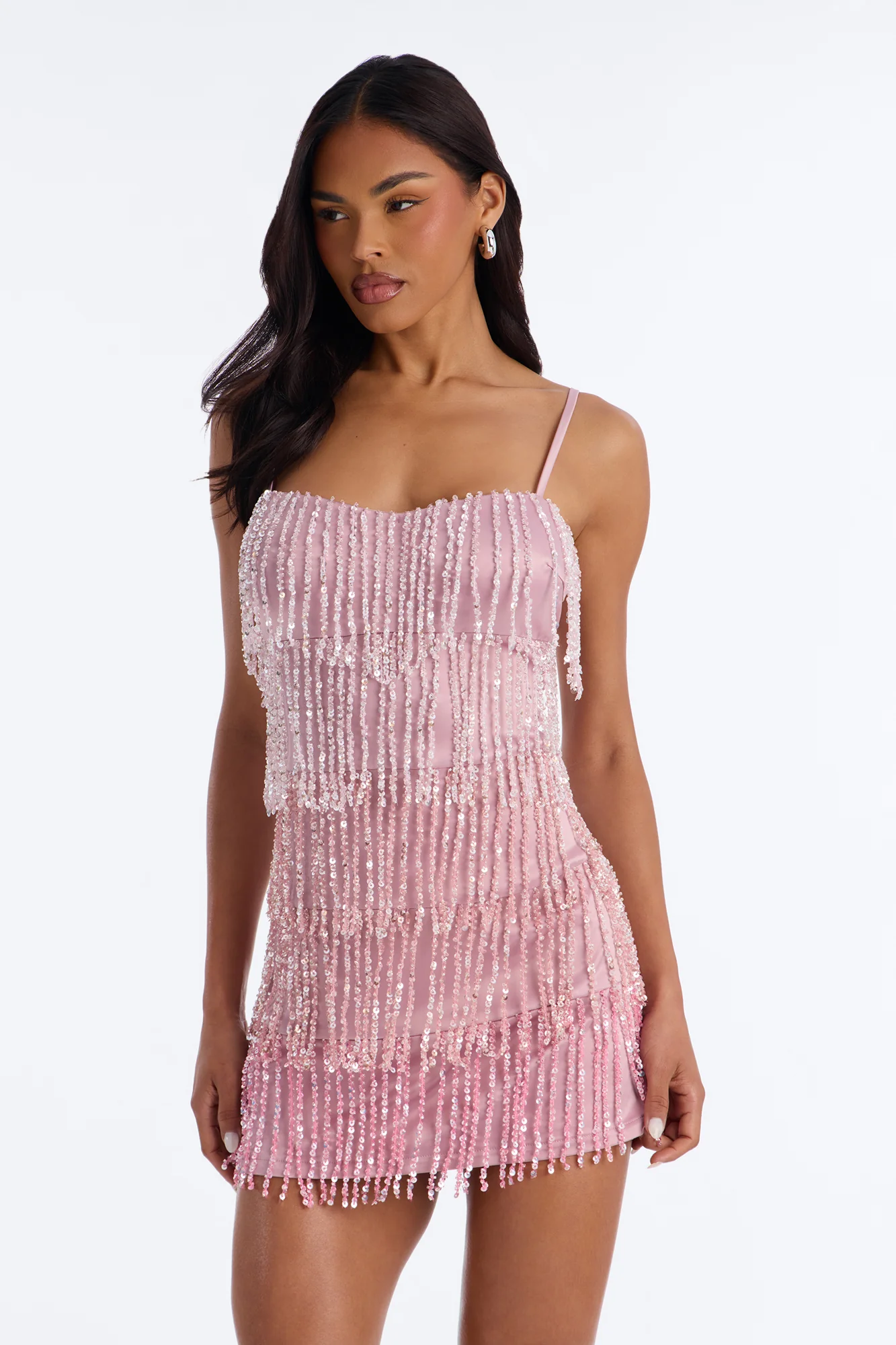 Betsy Sequin Fringe Satin Mini Dress - Mauve - Image 2
