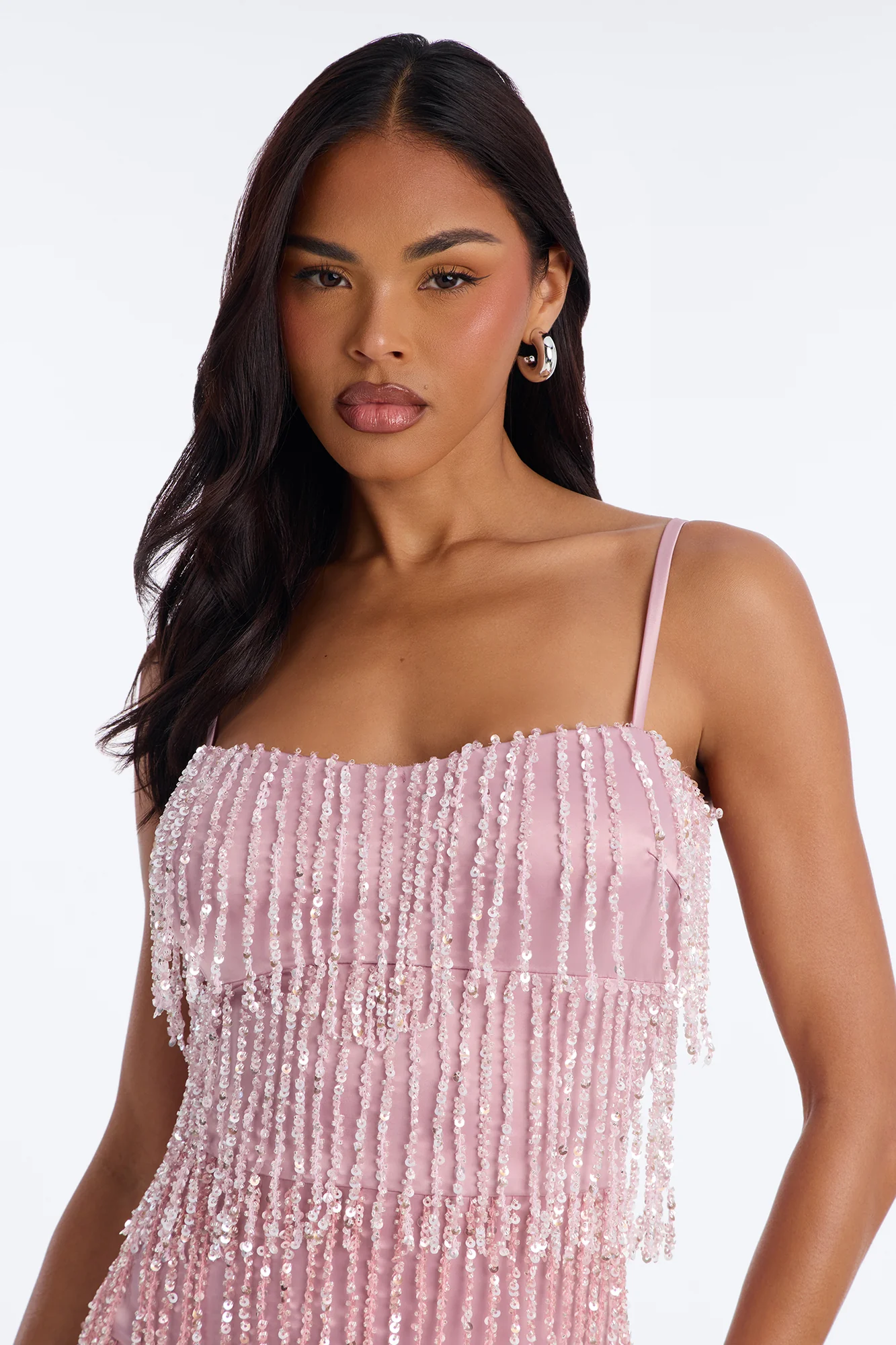 Betsy Sequin Fringe Satin Mini Dress - Mauve - Image 3