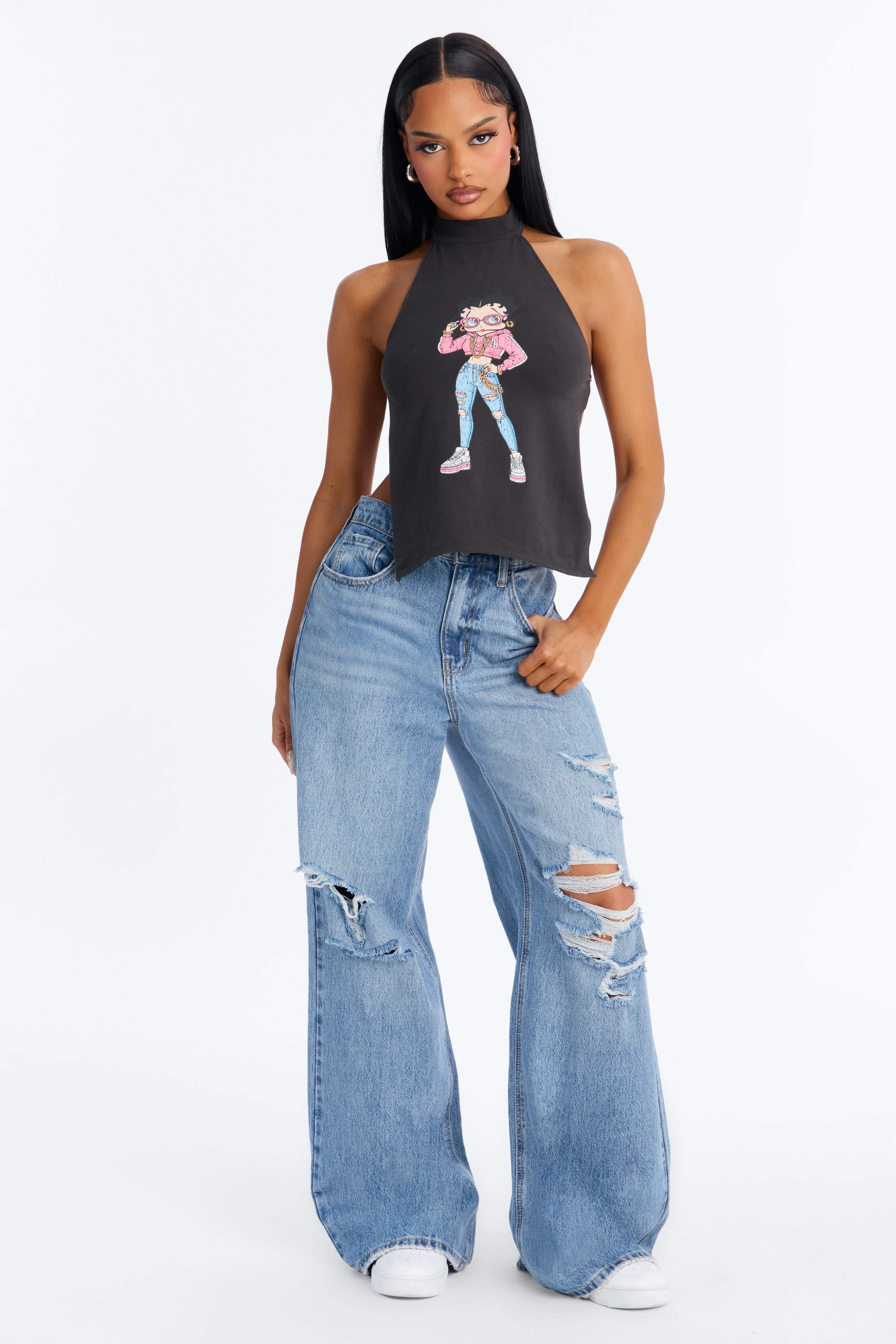 Betty Boop Mock Neck Backless Halter Top - Black - Image 2