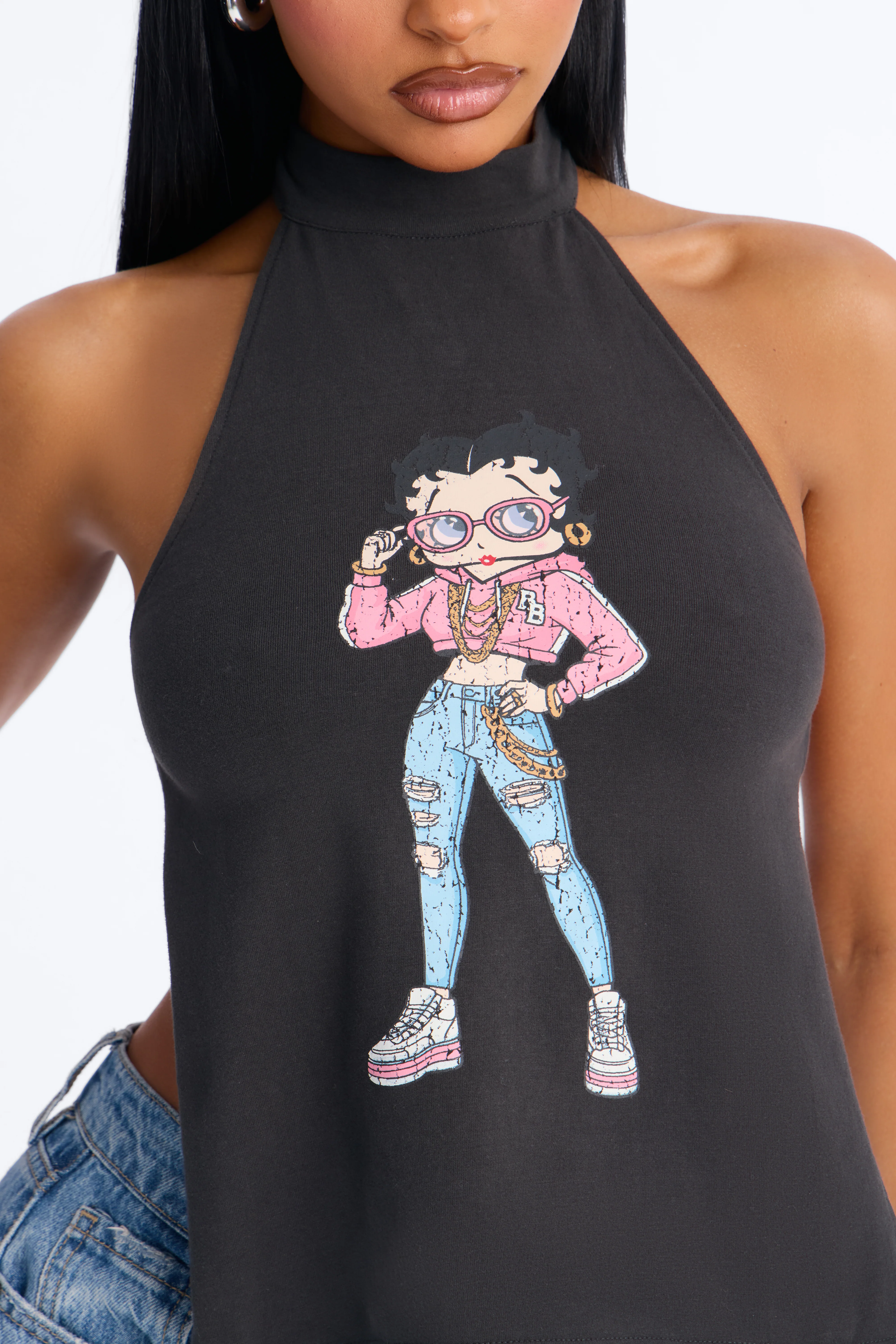Betty Boop Mock Neck Backless Halter Top - Black - Image 4