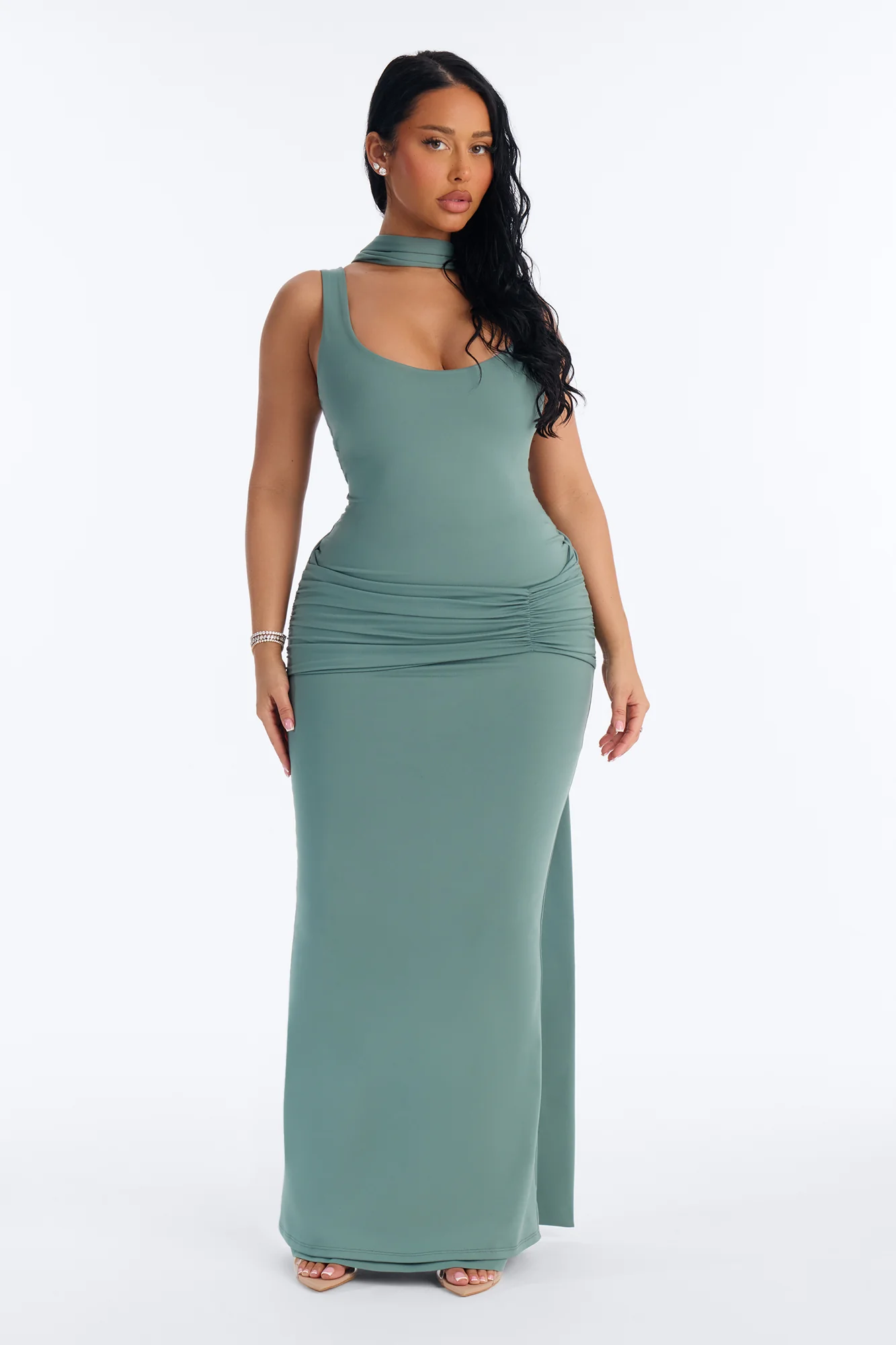 Bianca Matte Form Double Lined Neck Scarf Maxi Dress - Sage