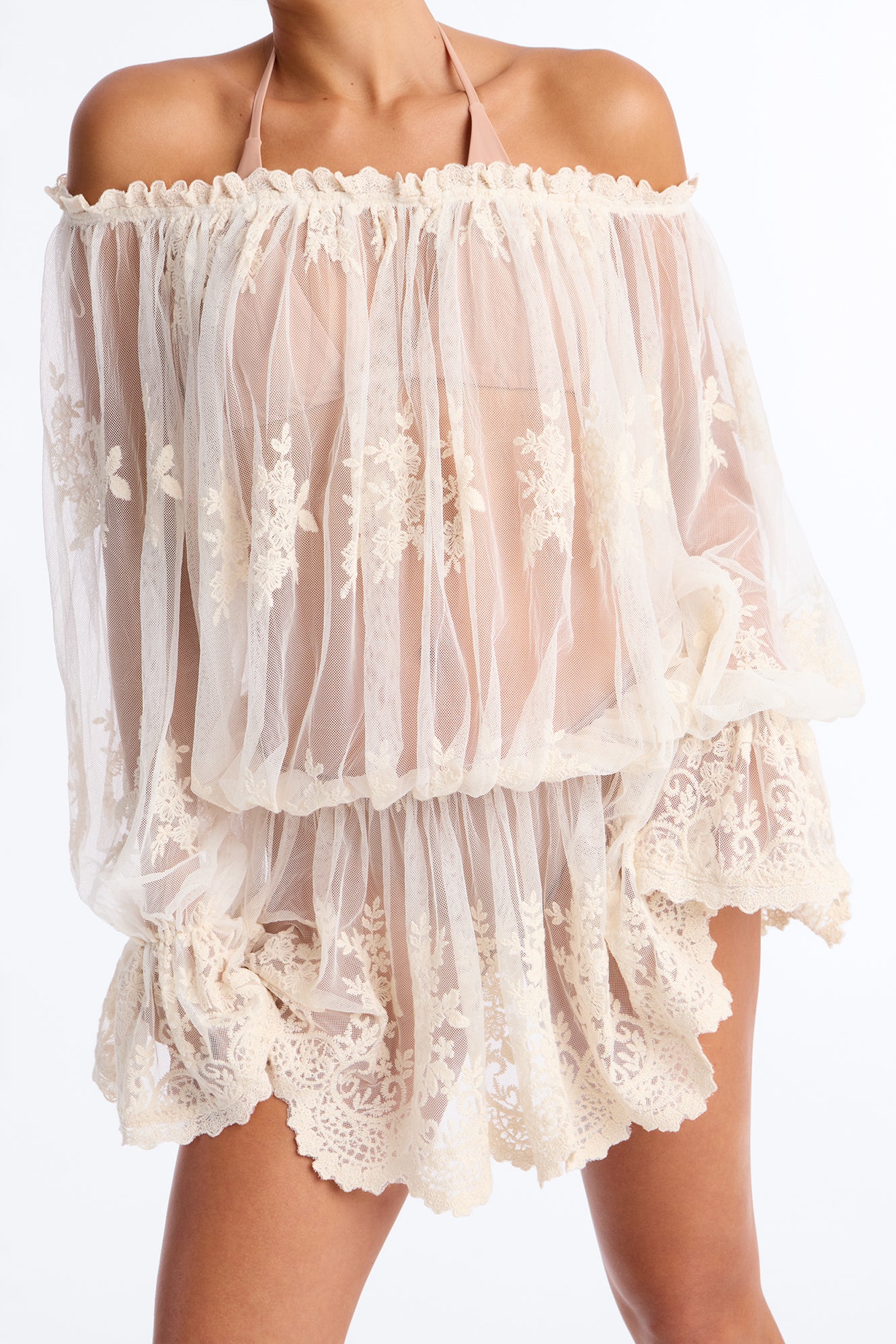 Blossom Mesh Embroidery Long Sleeve Mini Dress - Cream - Image 3