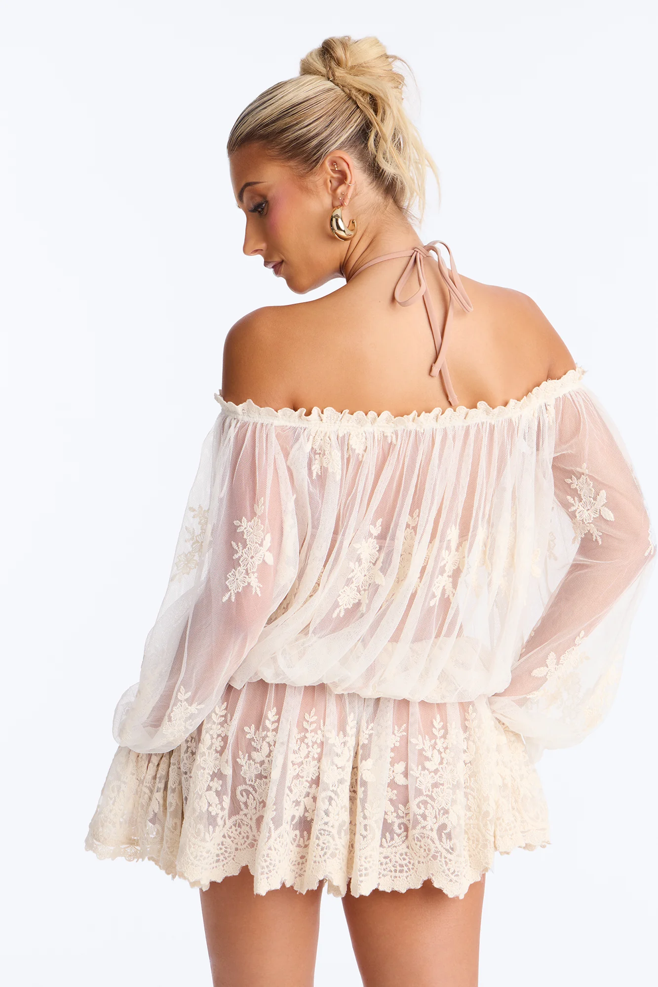 Blossom Mesh Embroidery Long Sleeve Mini Dress - Cream - Image 4