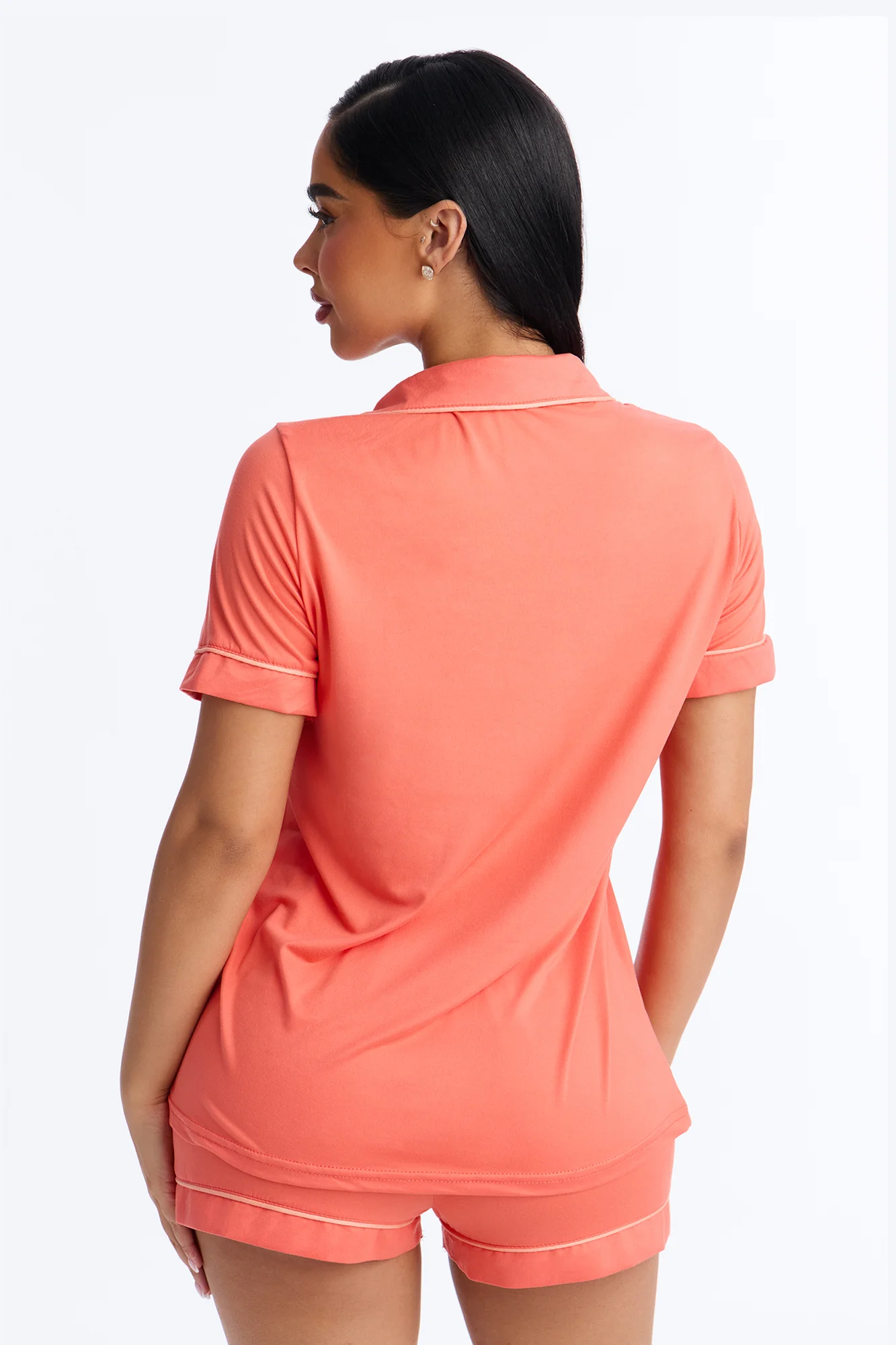 Blush Nights Button Up Short Sleeve PJ Short Set - Tangerine - Image 3