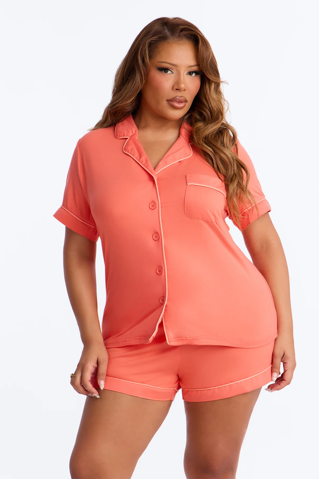 Blush Nights Button Up Short Sleeve PJ Short Set - Tangerine - Image 4