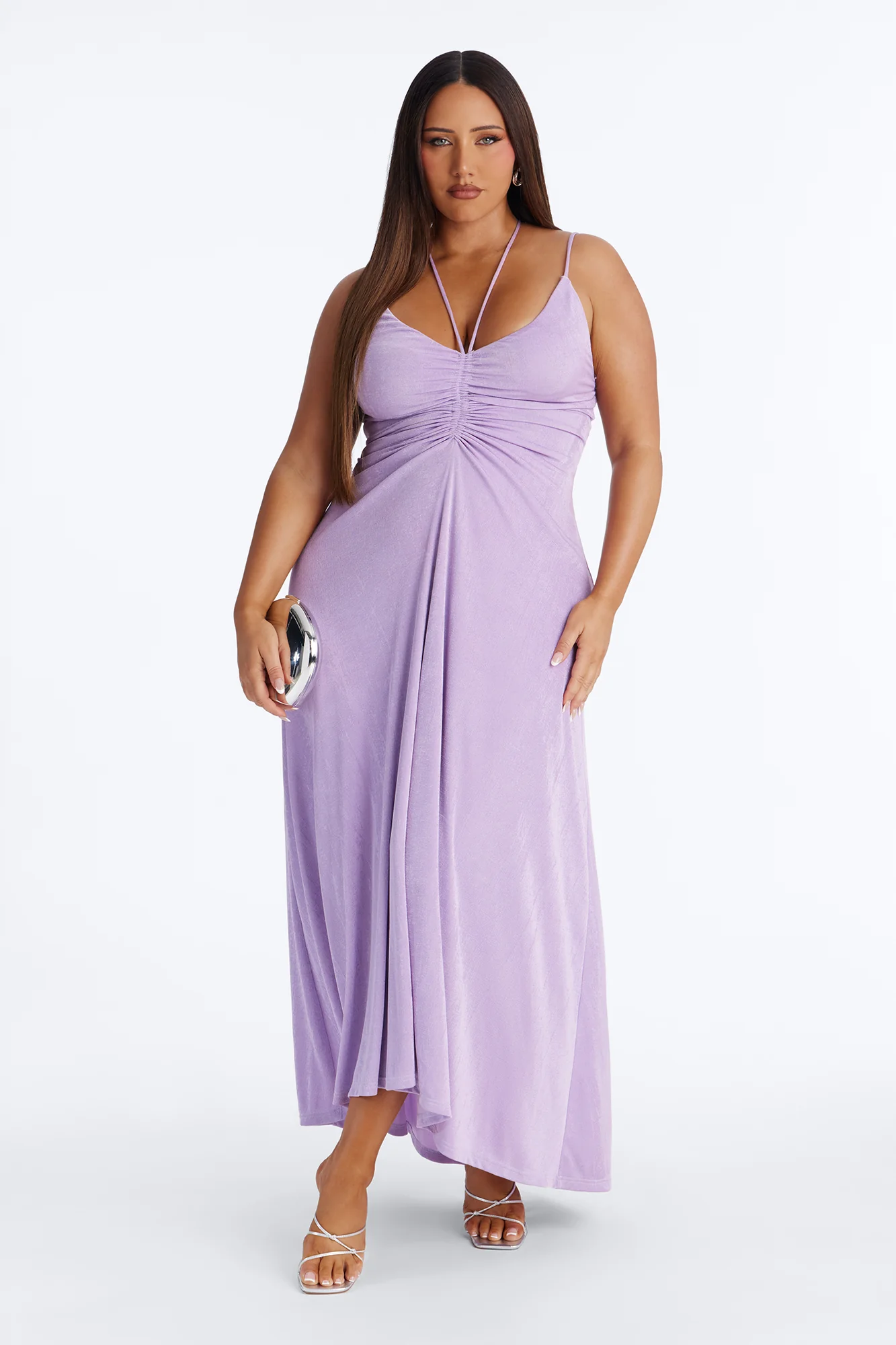 Bobbi Ruched Slinky Maxi Dress - Lavender - Image 5