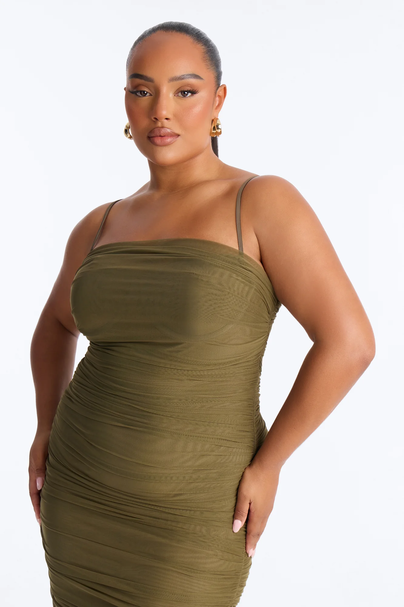 Body Talk Ruched Mesh Maxi Dress - Olive - Image 6