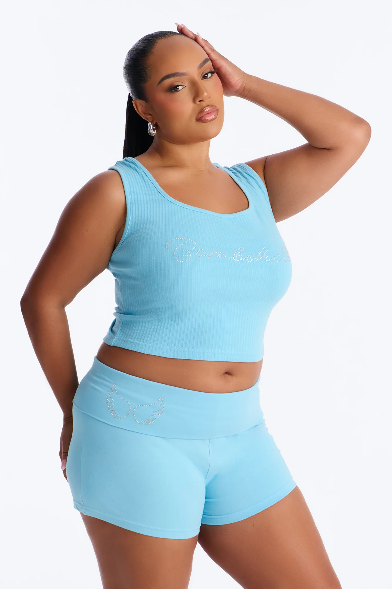 Bombshell Fold Over Waist Short Set - Light Blue - Image 5