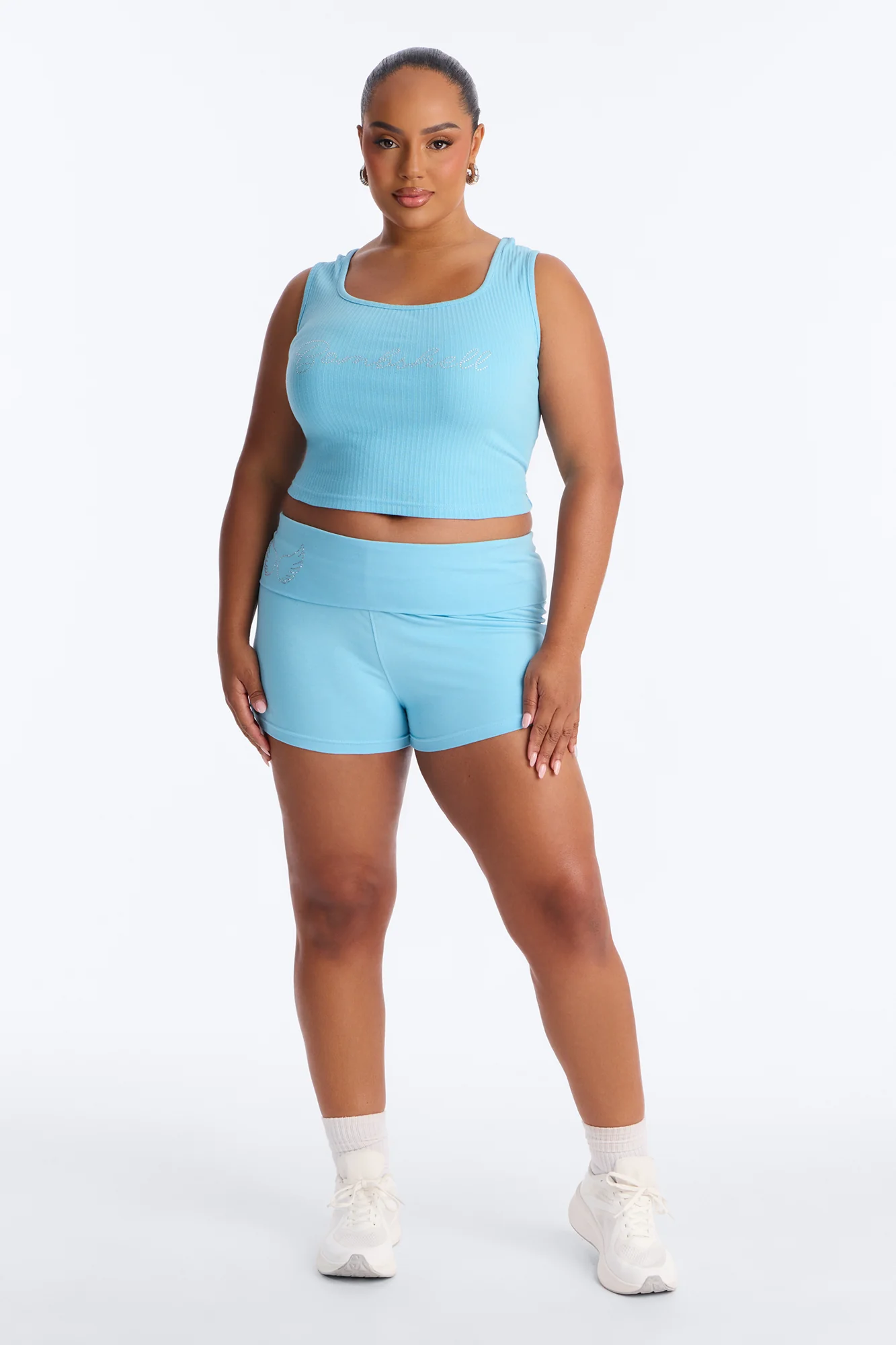 Bombshell Fold Over Waist Short Set - Light Blue - Image 6
