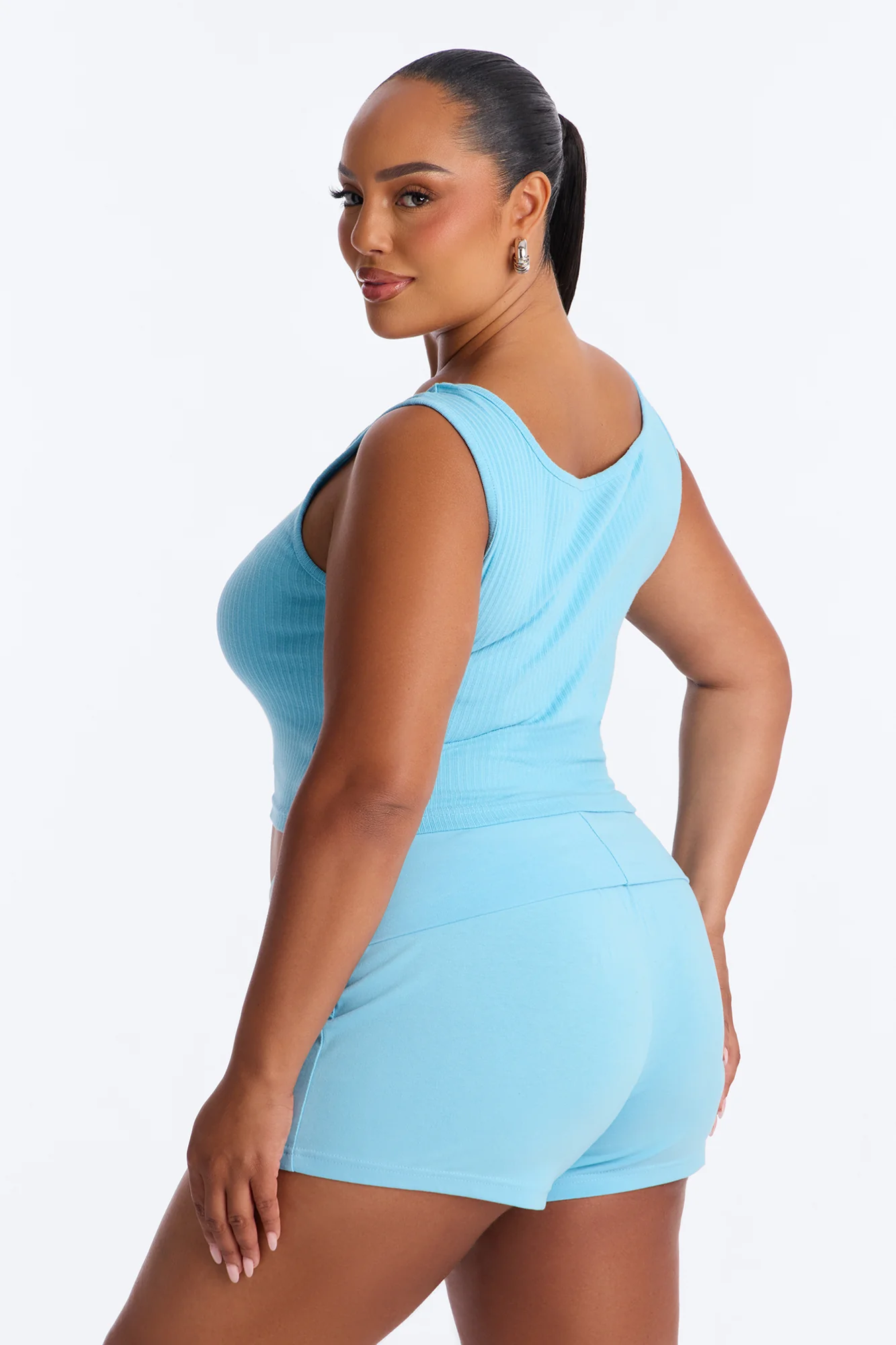 Bombshell Fold Over Waist Short Set - Light Blue - Image 9