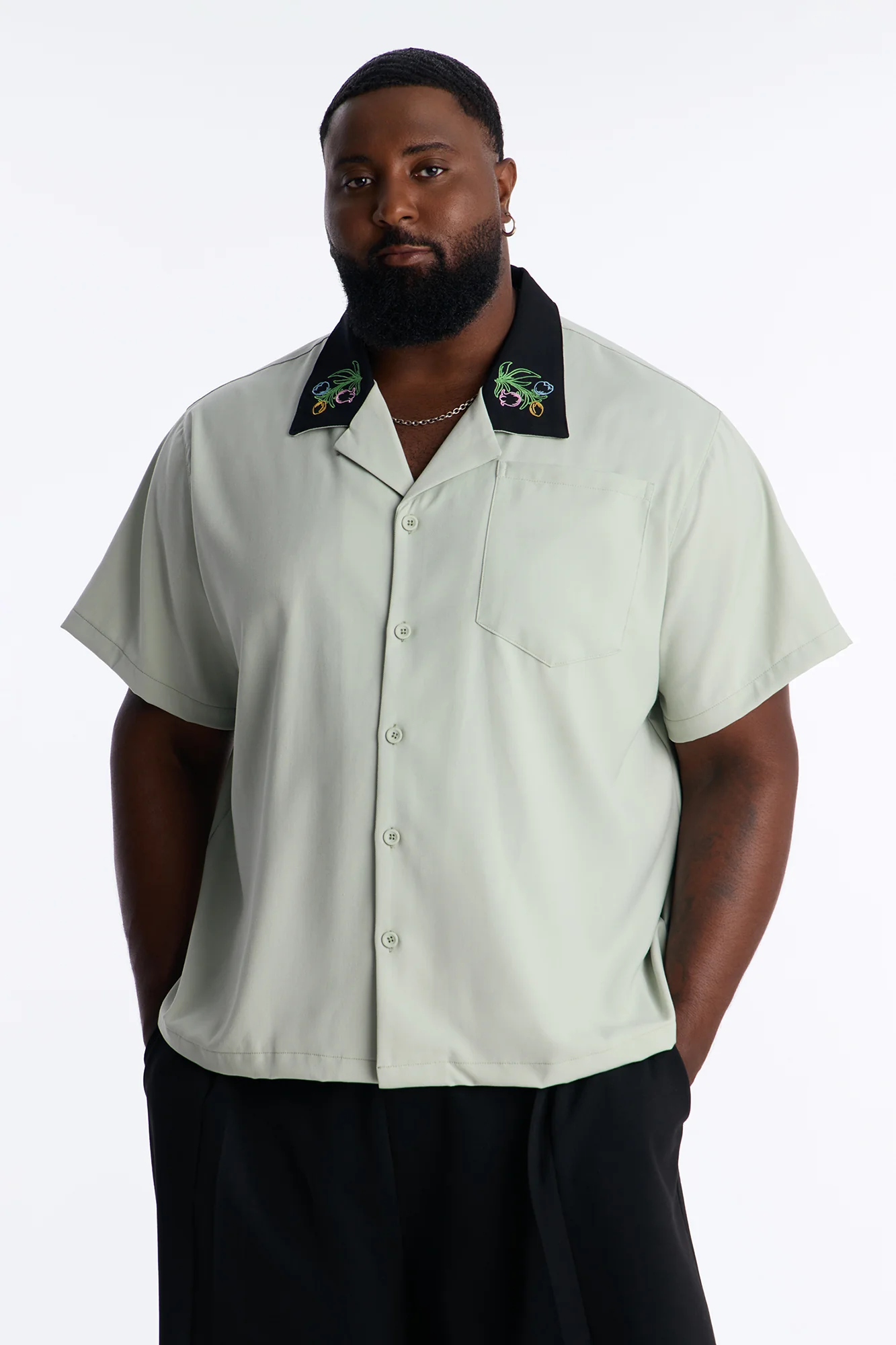 Botanical Embroidered Cuban Collar Button Up Shirt - Mint - Image 3
