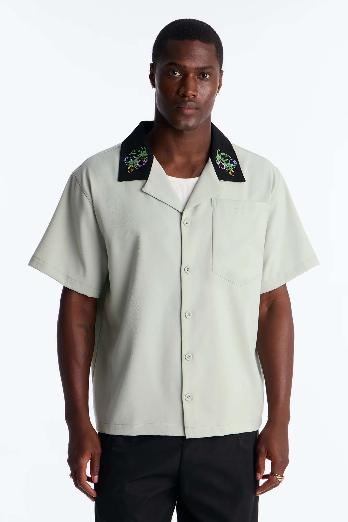 Botanical Embroidered Cuban Collar Button Up Shirt - Mint - Image 5