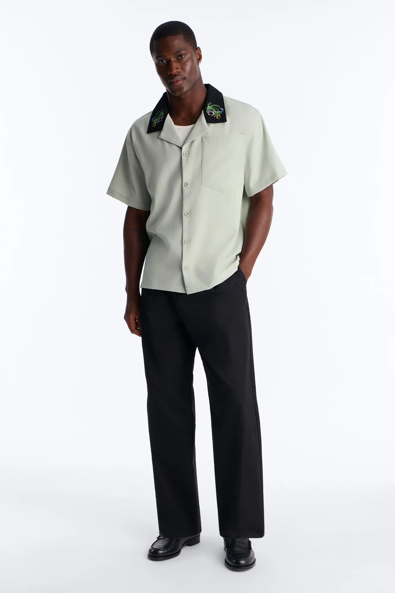 Botanical Embroidered Cuban Collar Button Up Shirt - Mint - Image 6