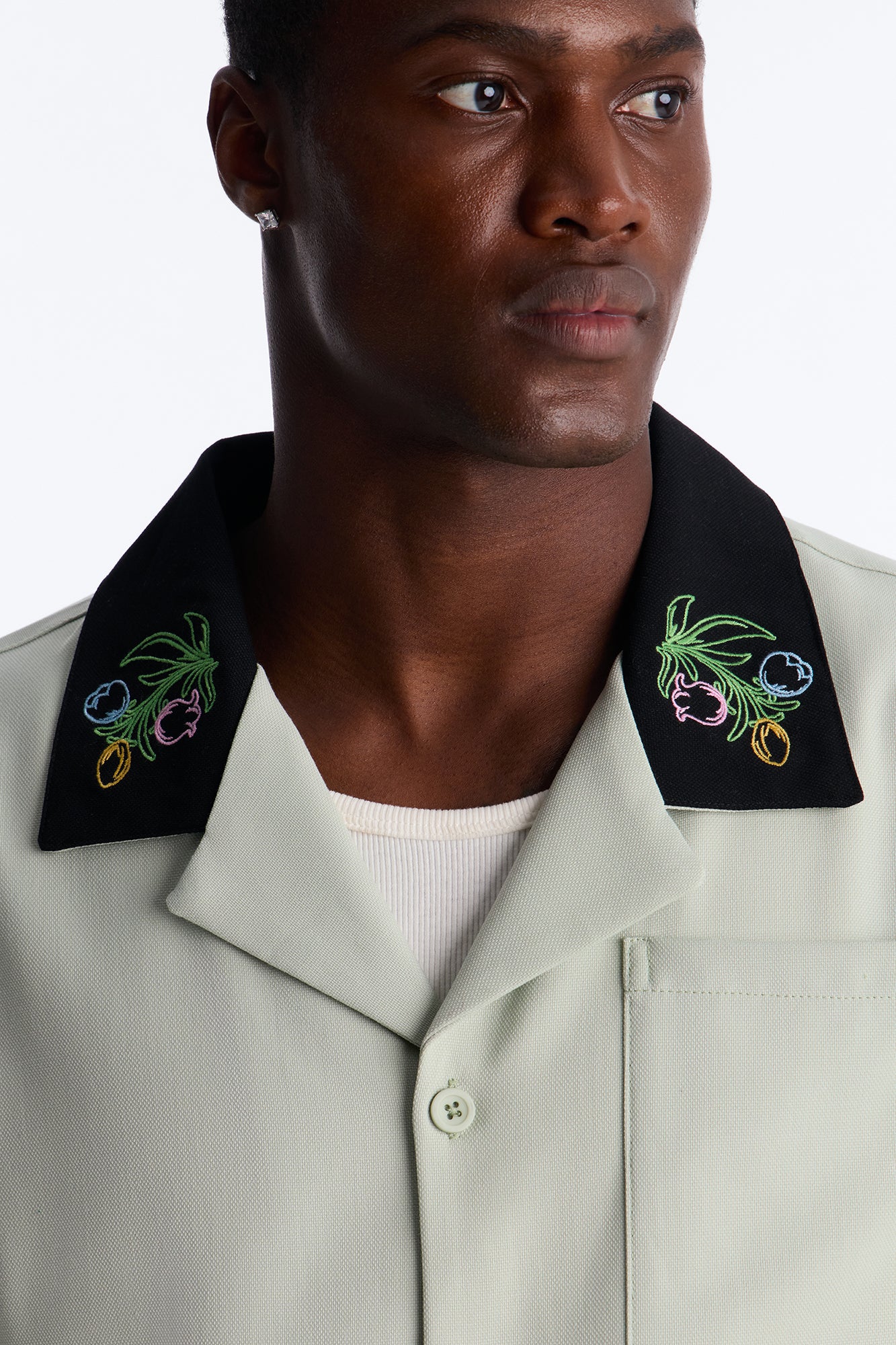 Botanical Embroidered Cuban Collar Button Up Shirt - Mint - Image 7