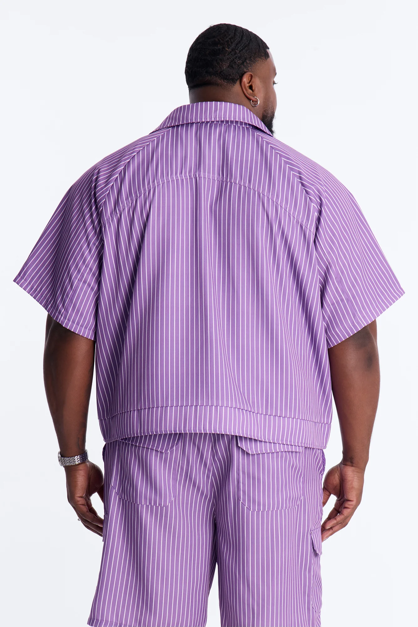Boxy Cropped Desert Dunes Striped Button Up Shirt - Purple - Image 8