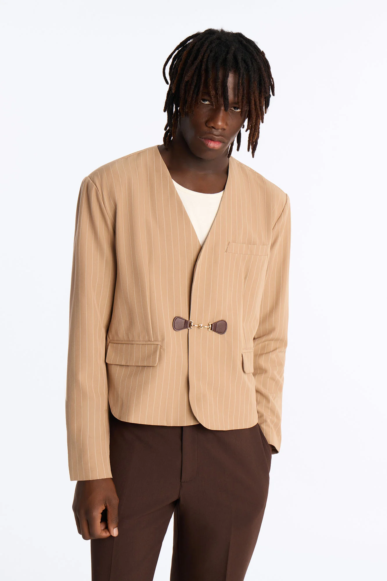 Boxy Cropped Pin Striped Cut Out Blazer - Tan