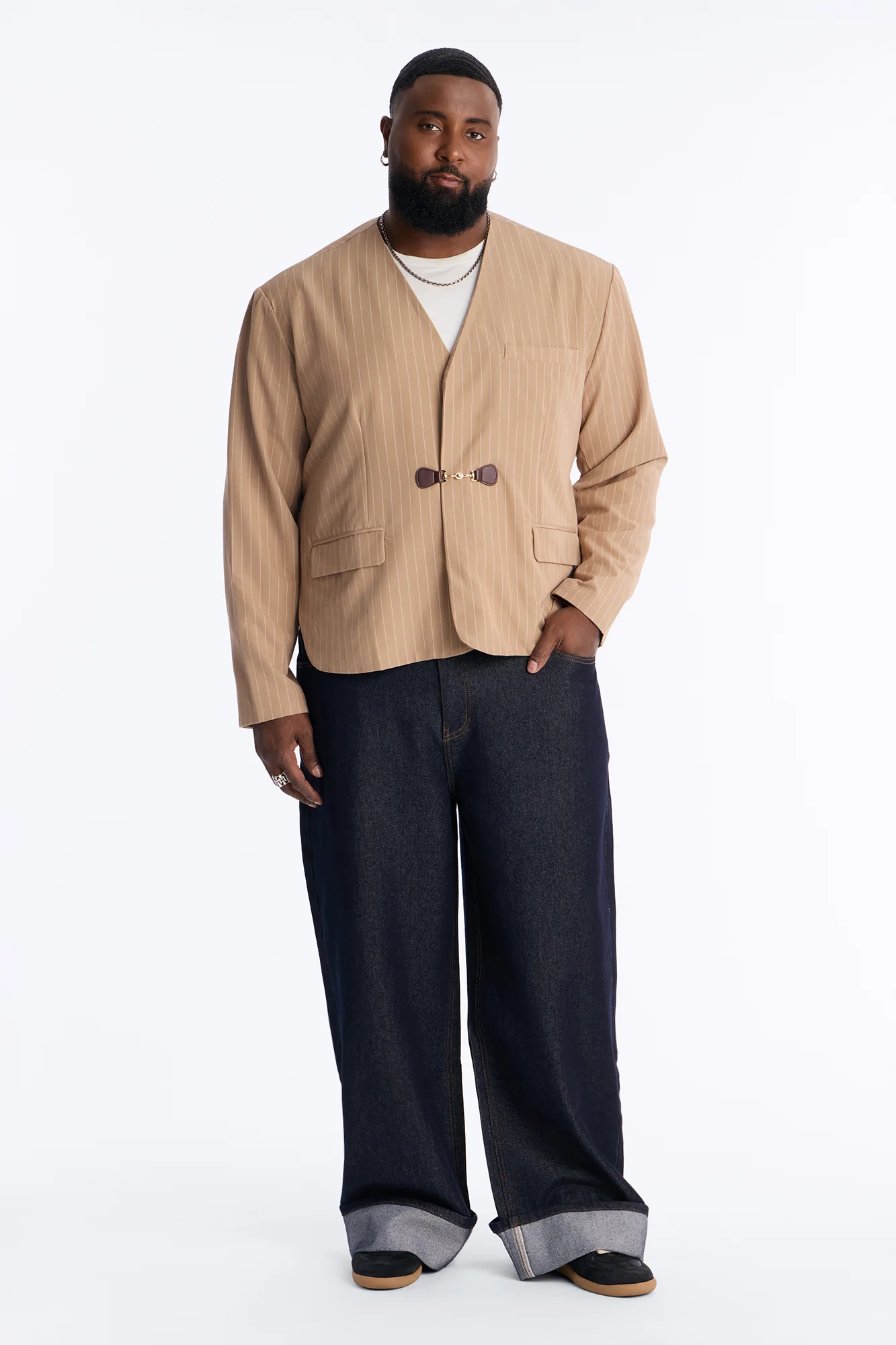 Boxy Cropped Pin Striped Cut Out Blazer - Tan - Image 6
