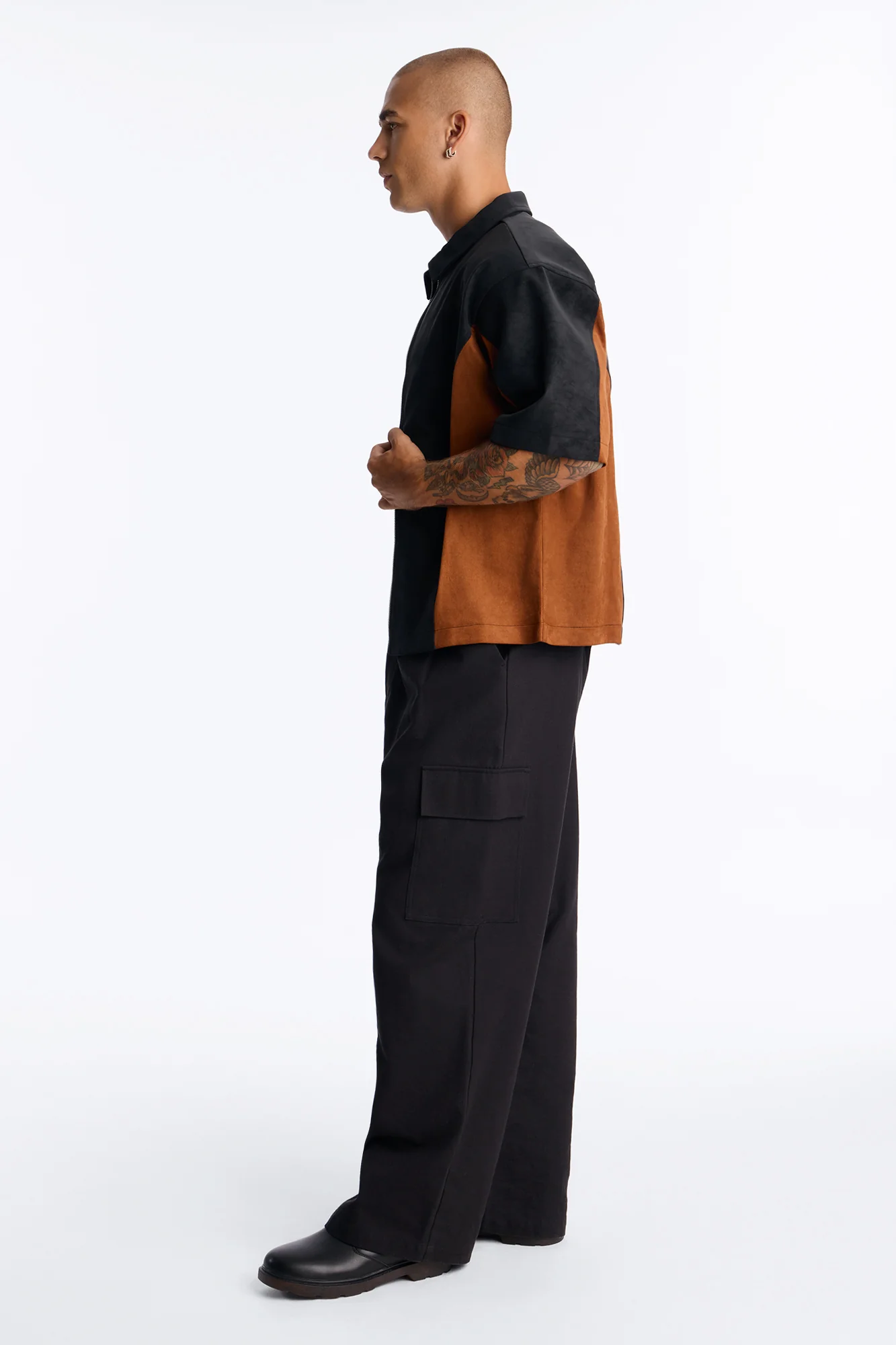 Boxy Faux Leather Paneled Zip Up Shirt - Brown/combo - Image 2