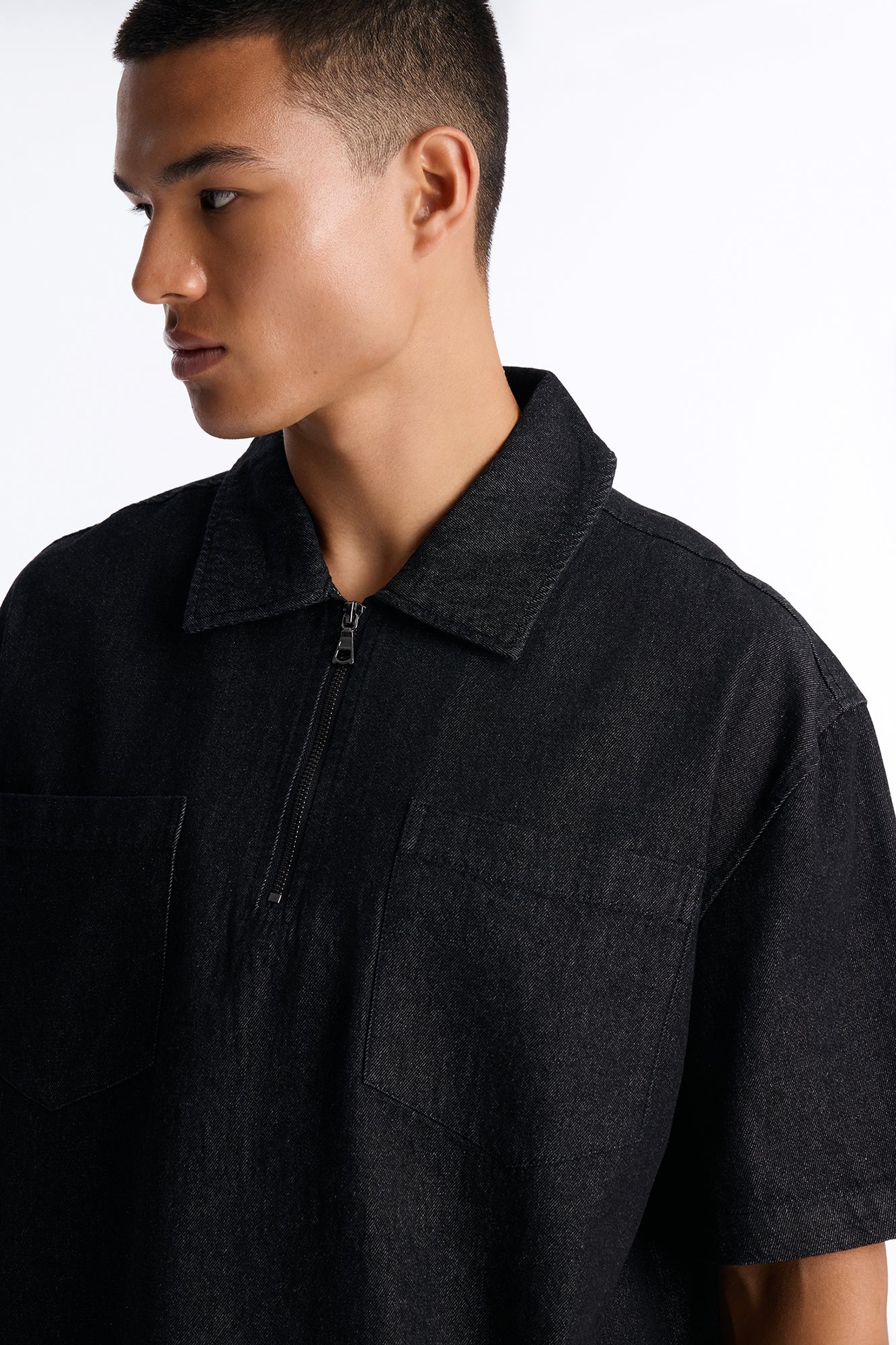 Boxy Marion Denim Quarter Zip Polo - Black - Image 3
