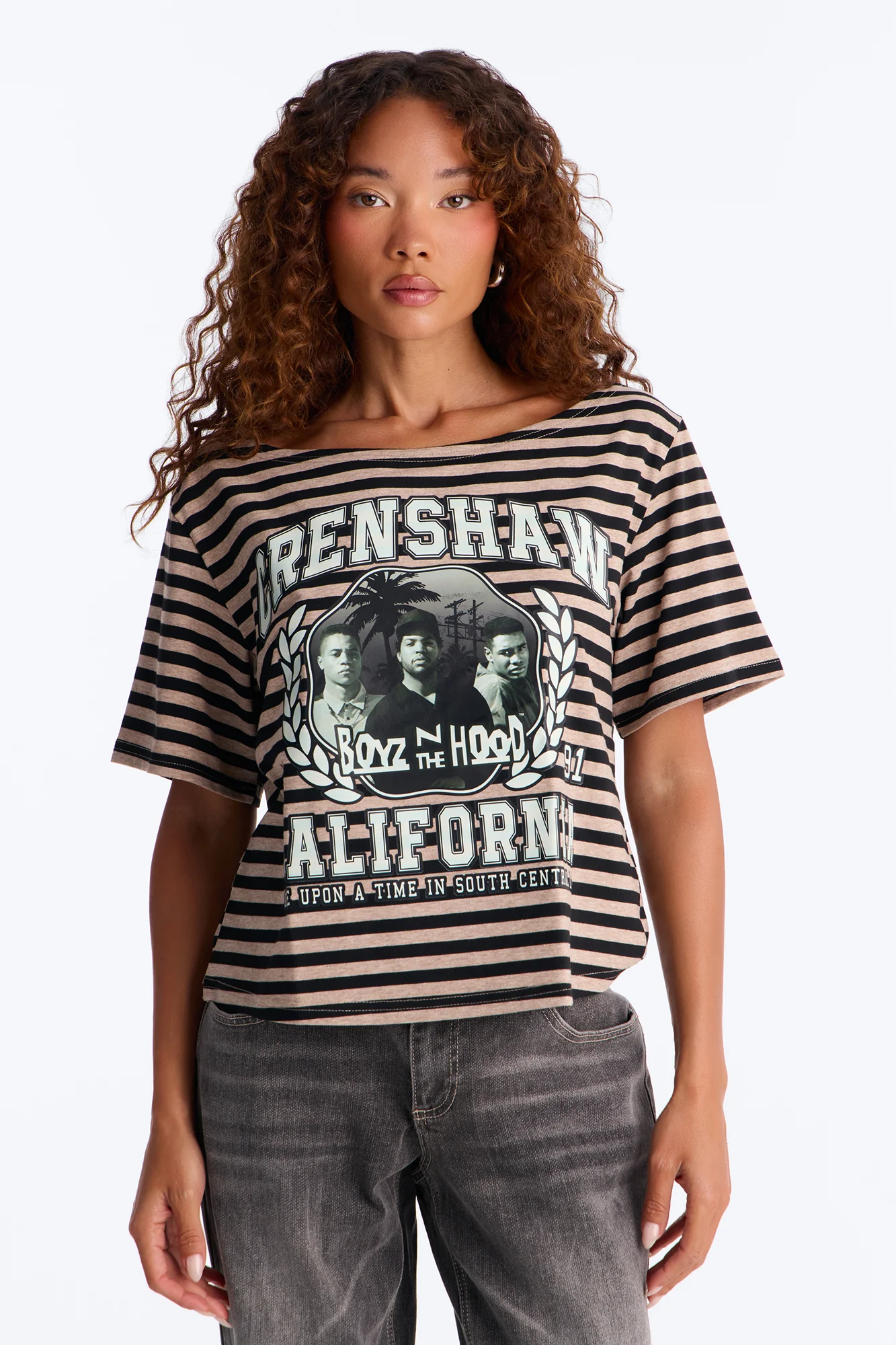 Boyz N The Hood Stripe Off Shoulder Crop Tee - Black