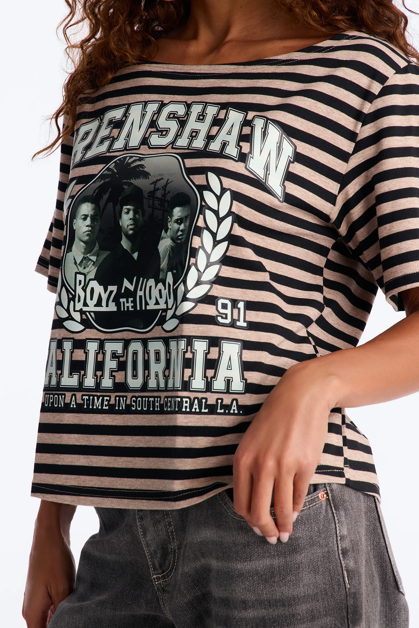 Boyz N The Hood Stripe Off Shoulder Crop Tee - Black - Image 3